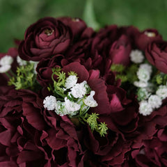 12" Burgundy Artificial Silk Peonies Bouquet, Faux Peony Spray Bush