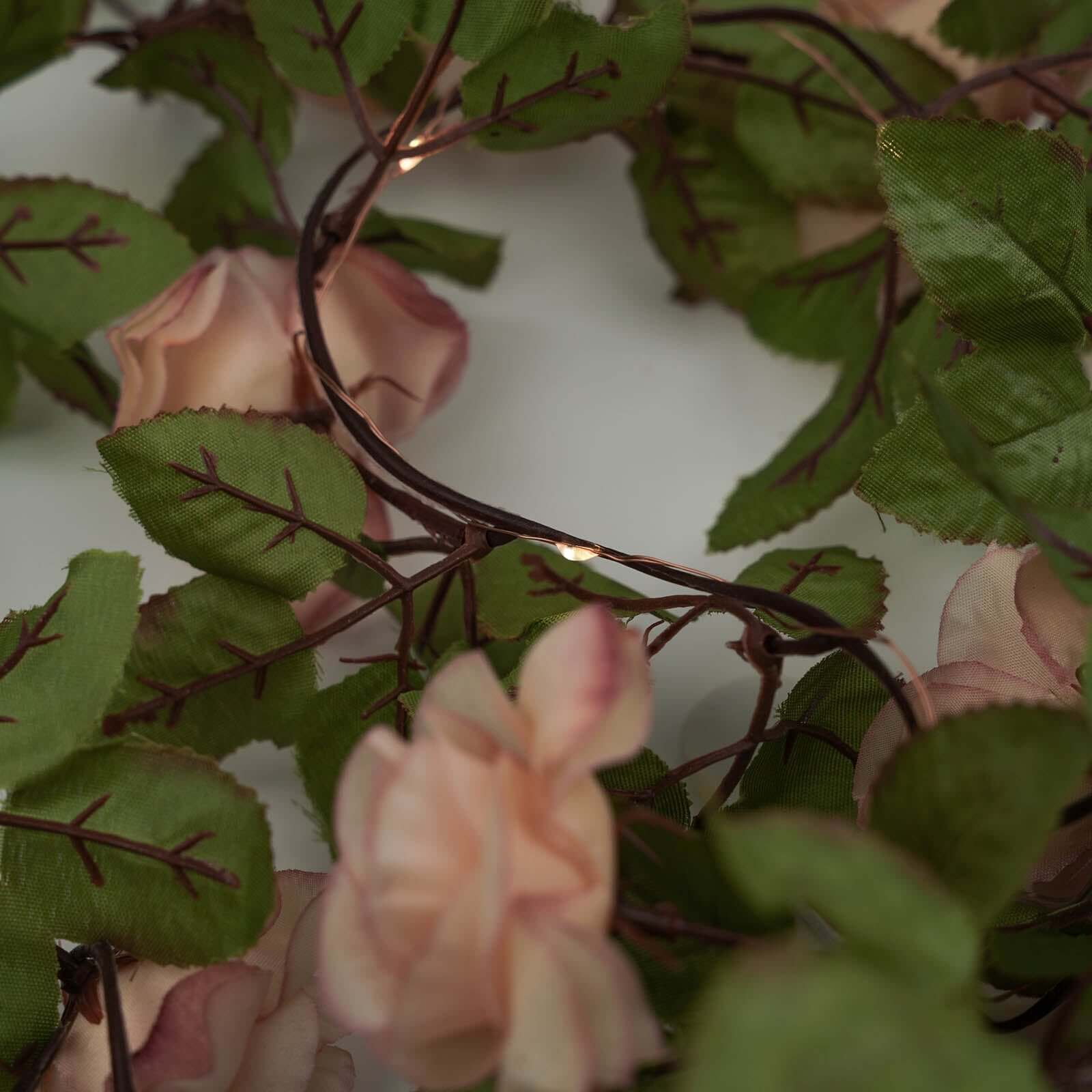 7ft 20 LED Blush Silk Rose Flower Garland Vine String Lights, Warm White Battery Operated
