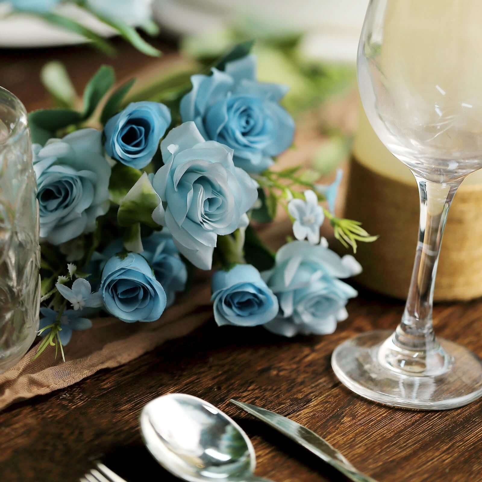 4 Bushes 12" Dusty Blue Real Touch Artificial Silk Rose Flower Bouquet, Faux Bridal Flowers