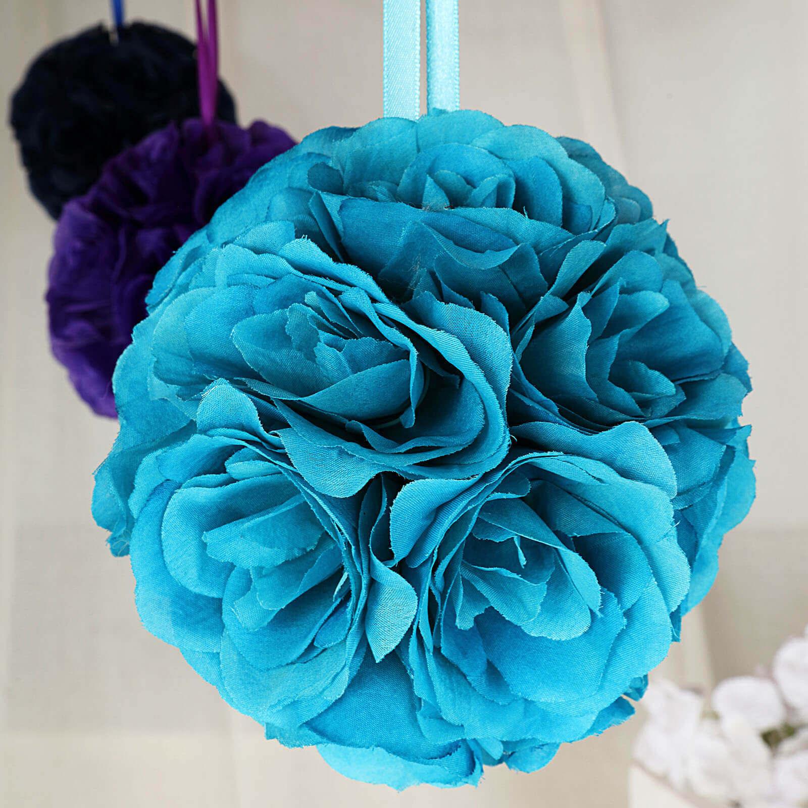2 Pack 7" Turquoise Artificial Silk Rose Kissing Ball, Faux Flower Ball