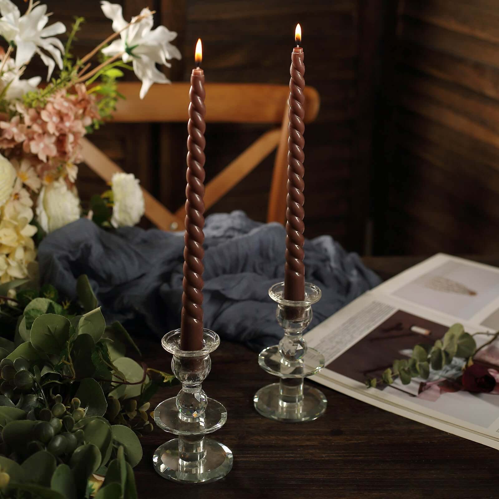 12-Pack Taper Candles Spiral Long Burn Wick Design Mocha Brown - Premium Unscented Wax Dinner Candle Sticks 11"