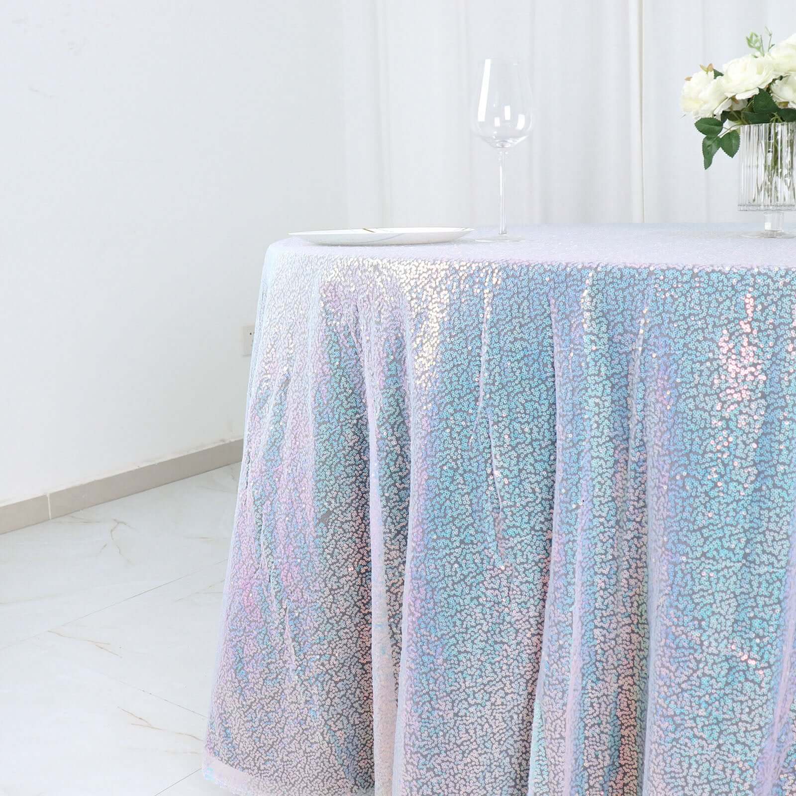 Sequin 132" Round Tablecloth Iridescent Blue - Seamless Dazzling Table Cover