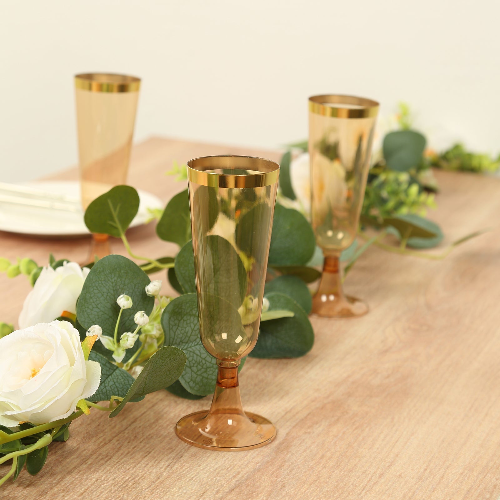 12-Pack Plastic Champagne Flutes Transparent Amber Gold with Gold Rim - Stylish Disposable Cocktail Glasses for Parties 5oz 6"