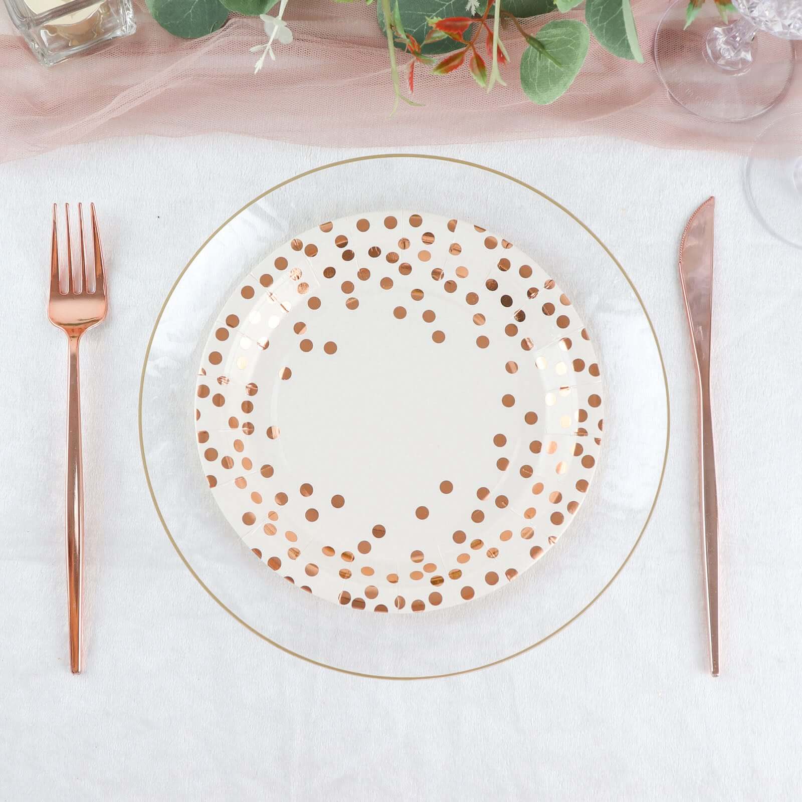 25 Pack 7" White Rose Gold Polka Dot Dessert Appetizer Paper Plates, Disposable Salad Party Plates - 300 GSM