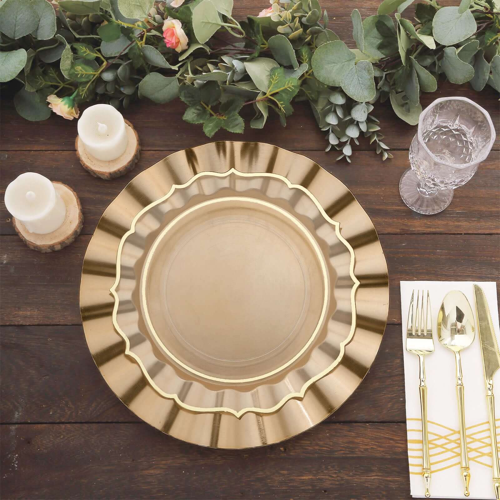 6-Pack Acrylic Plastic Round Charger Plates 13" in Gold with Wavy Scalloped Rim, Decorative Dinner Party Charger Tableware