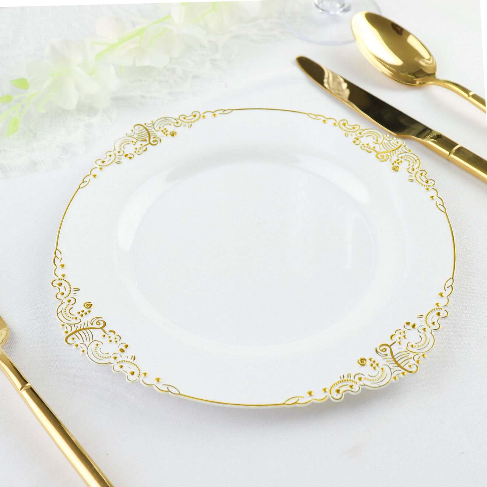 10-Pack Plastic 8" Round Dessert Plates in White with Gold Leaf Embossed Rim - Disposable Vintage Baroque Style Salad Plates for Luxurious Gatherings & Events