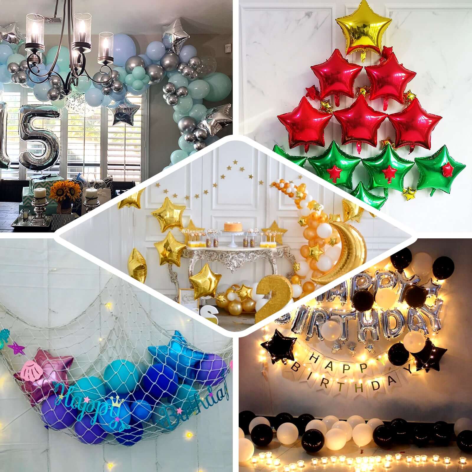 2 Pack 16" 4D Shiny Silver Star Mylar Foil Helium or Air Balloons