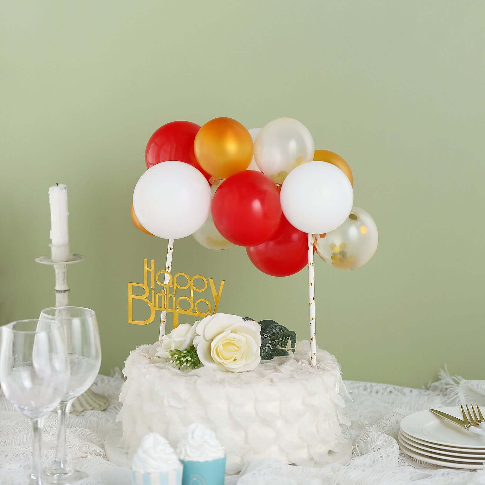 11 Pcs Balloon Cake Topper Clear, Gold, Red and White - Whimsical Clustered Mini Garland Cake Inserts DIY Party Decorations