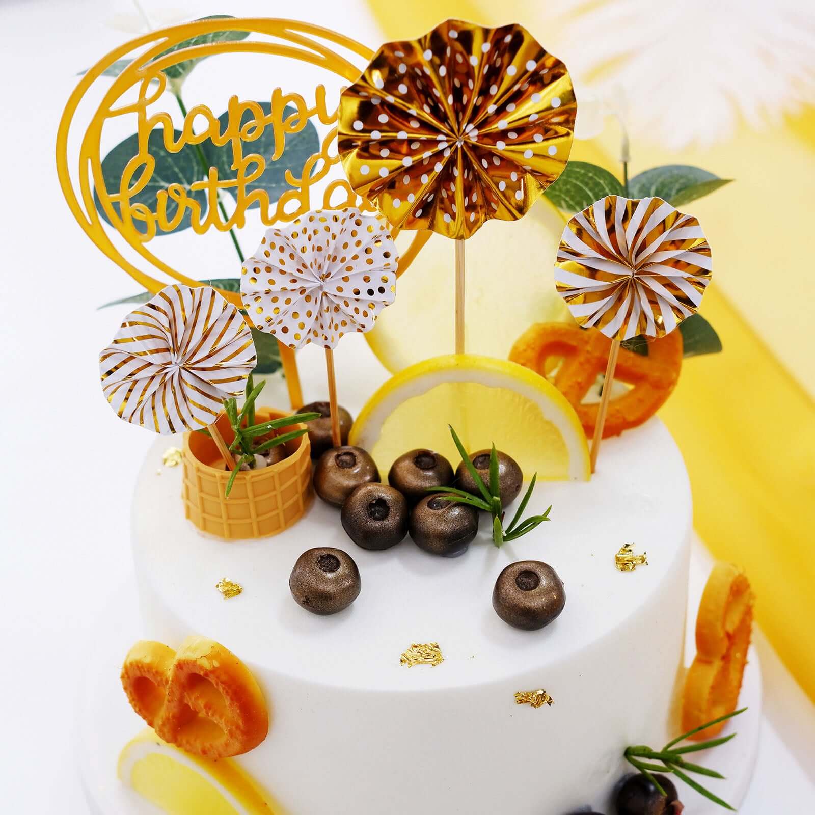 6 Pcs Happy Birthday Cake Topper Gold/White - Fun Cake Decoration with 4 Mini Paper Fans & Confetti Balloon for Themed Parties & Special Occasions