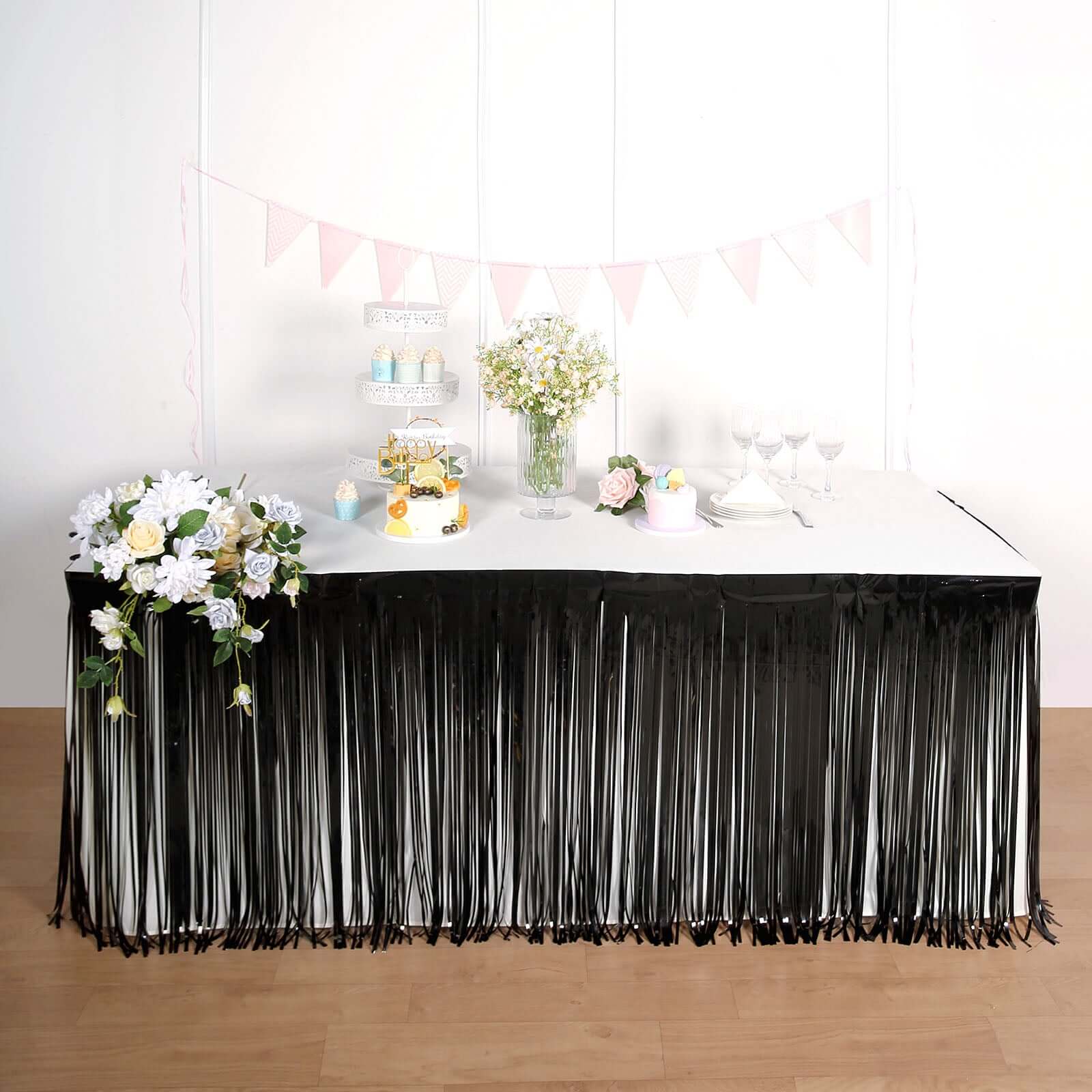 Metallic Foil Fringe Table Skirt Black with Self Adhesive Backing - Durable Tinsel Skirt for Parties 30"x9ft