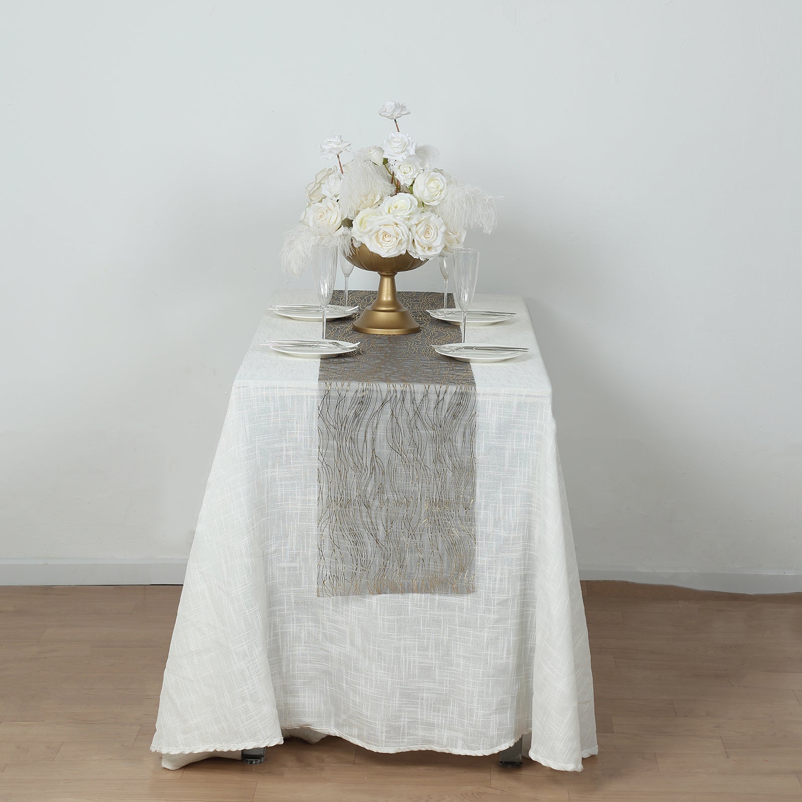 5 Pack Organza 12"x108" Table Runners Black - Gold Wave Design