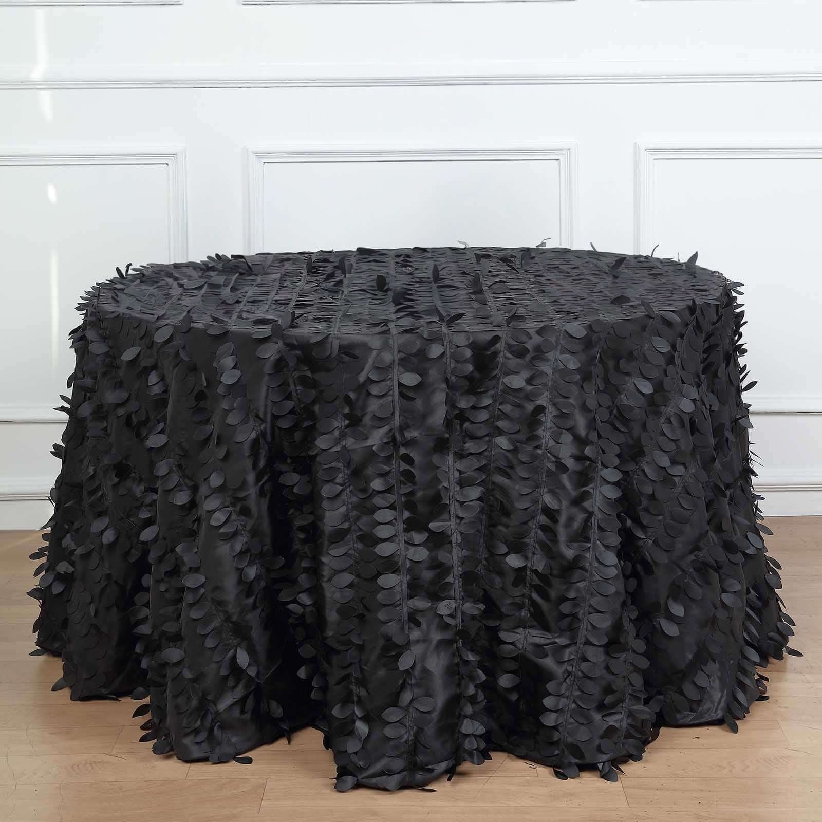 Taffeta 120" Round Tablecloth Black Leaf | 3D Leaf Petal Design Seamless Table Cover
