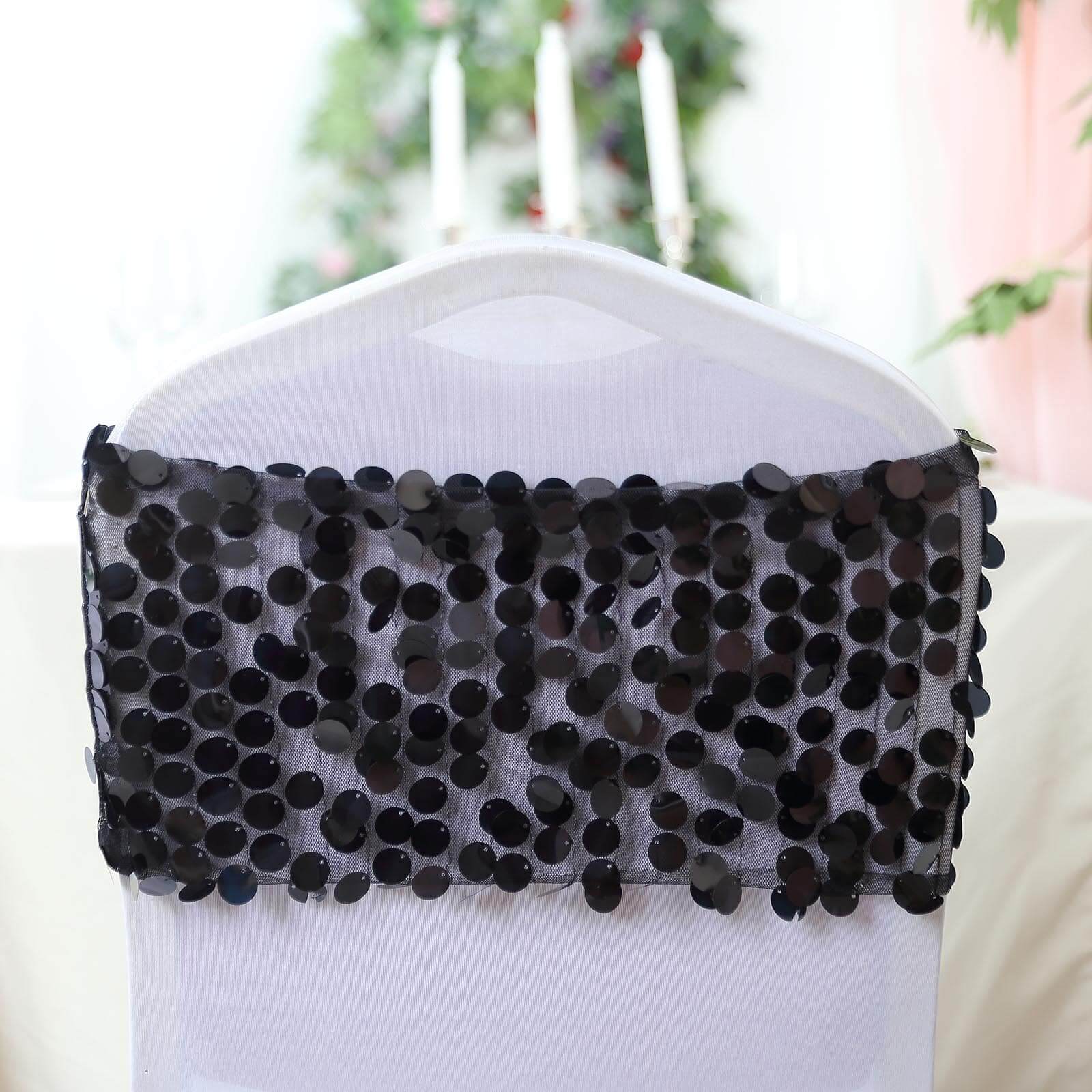 5 Pack Big Payette Sequin 13"x10" Chair Sash Bands Black - Stylish Glittering Decor for Weddings & Gatherings