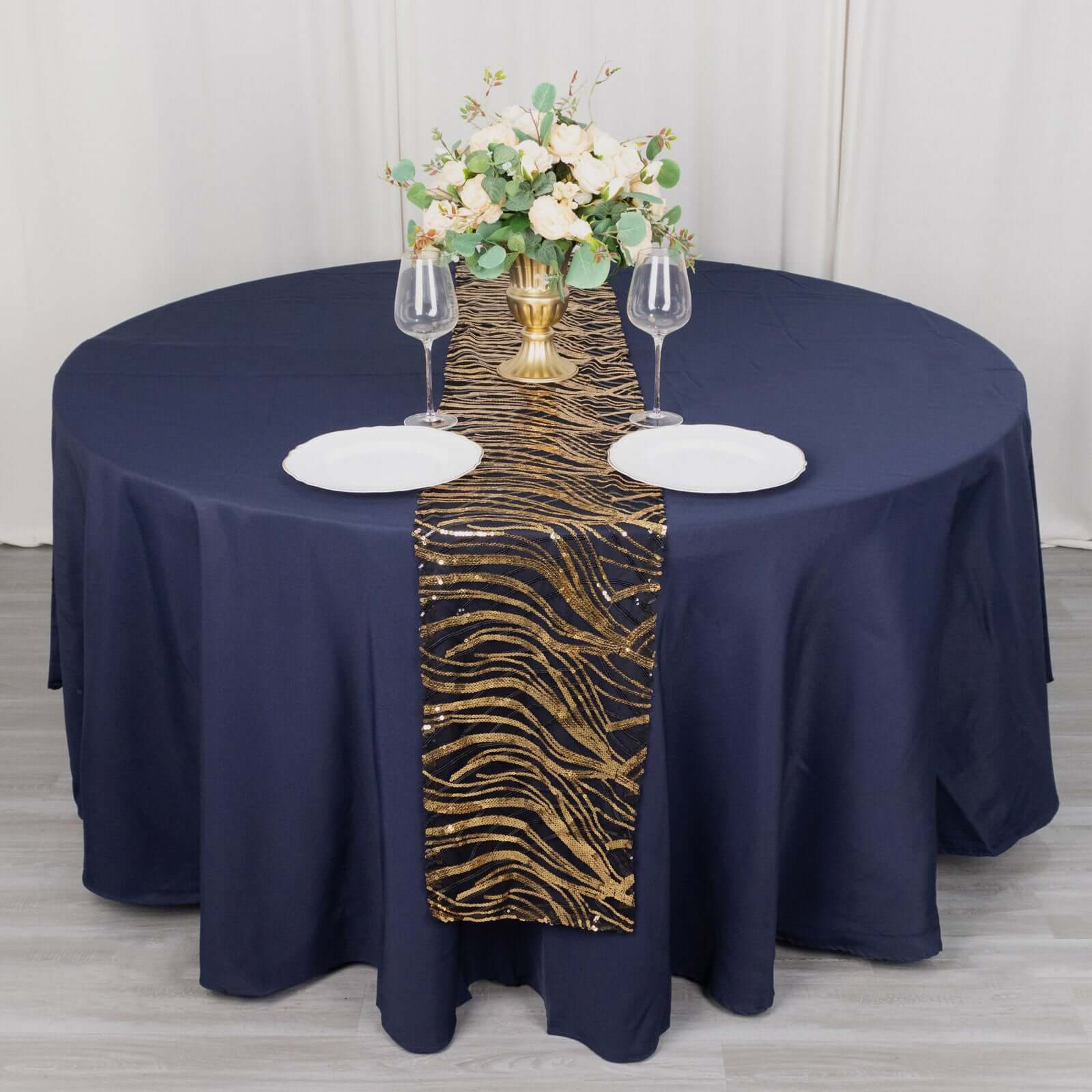 Sequin Mesh 12"x108" Table Runner Black Gold Stylish Wave Embroidery