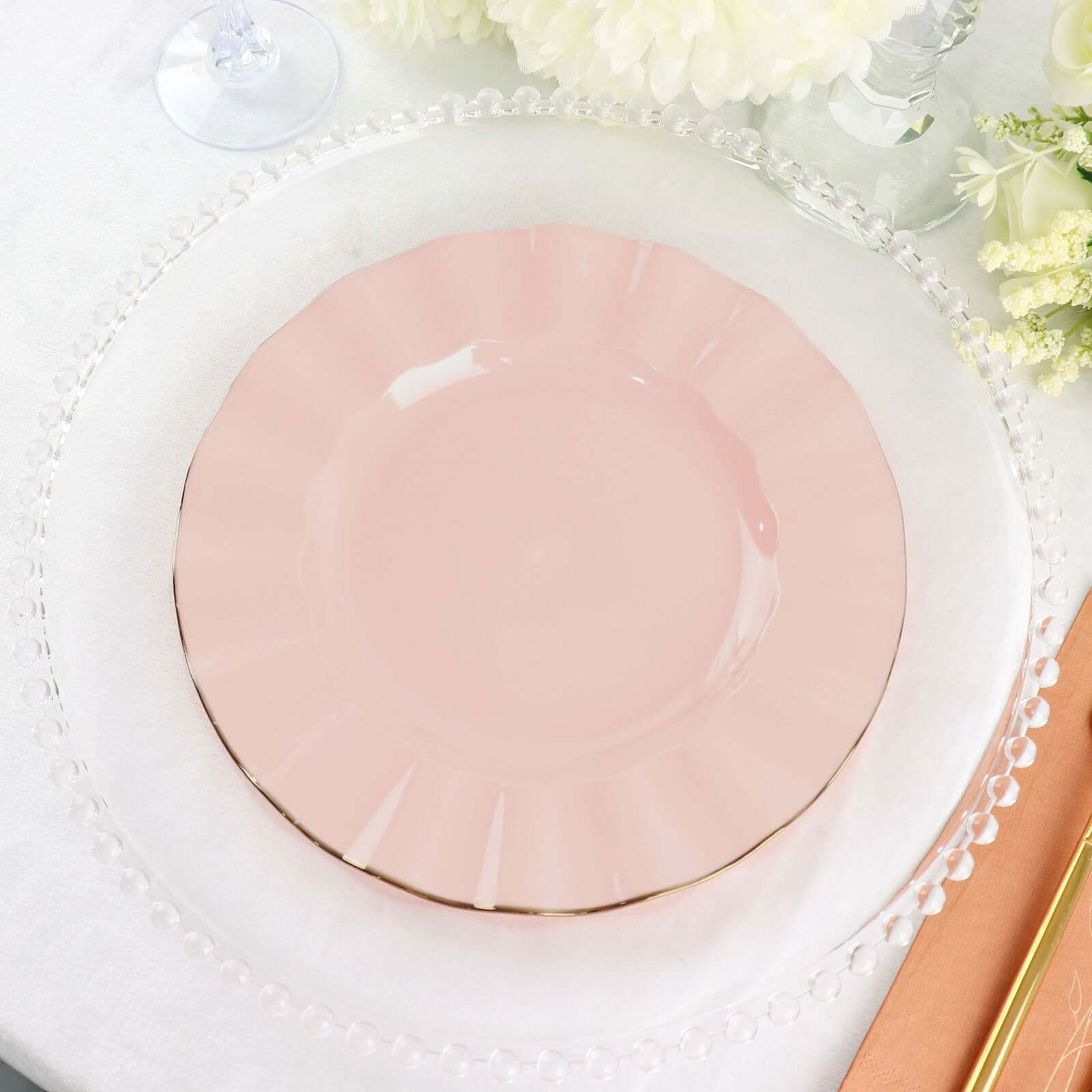 10-Pack Plastic 9" Round Dinner Plates in Blush Ruffled Rim with Gold Edging - Sturdy Disposable Dinnerware