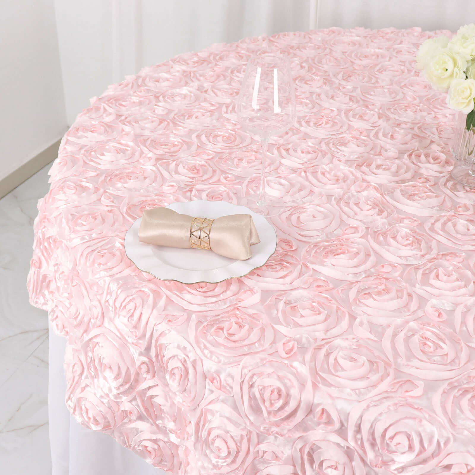 Satin 72"x72" Table Overlay Square Tablecloth Blush - 3D Rosette Table Cover