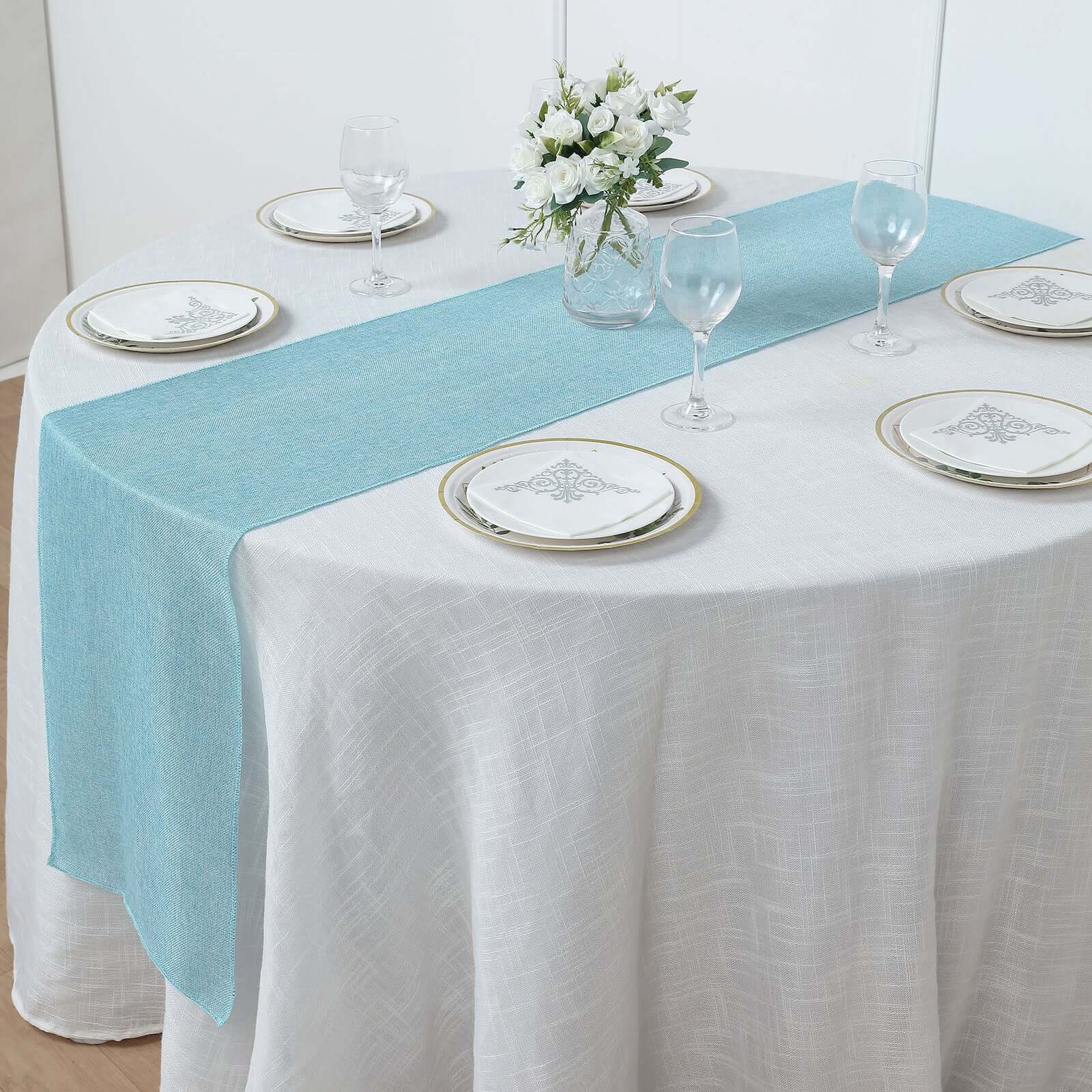 14"x108" Turquoise Boho Chic Rustic Faux Burlap Cloth Table Runner
