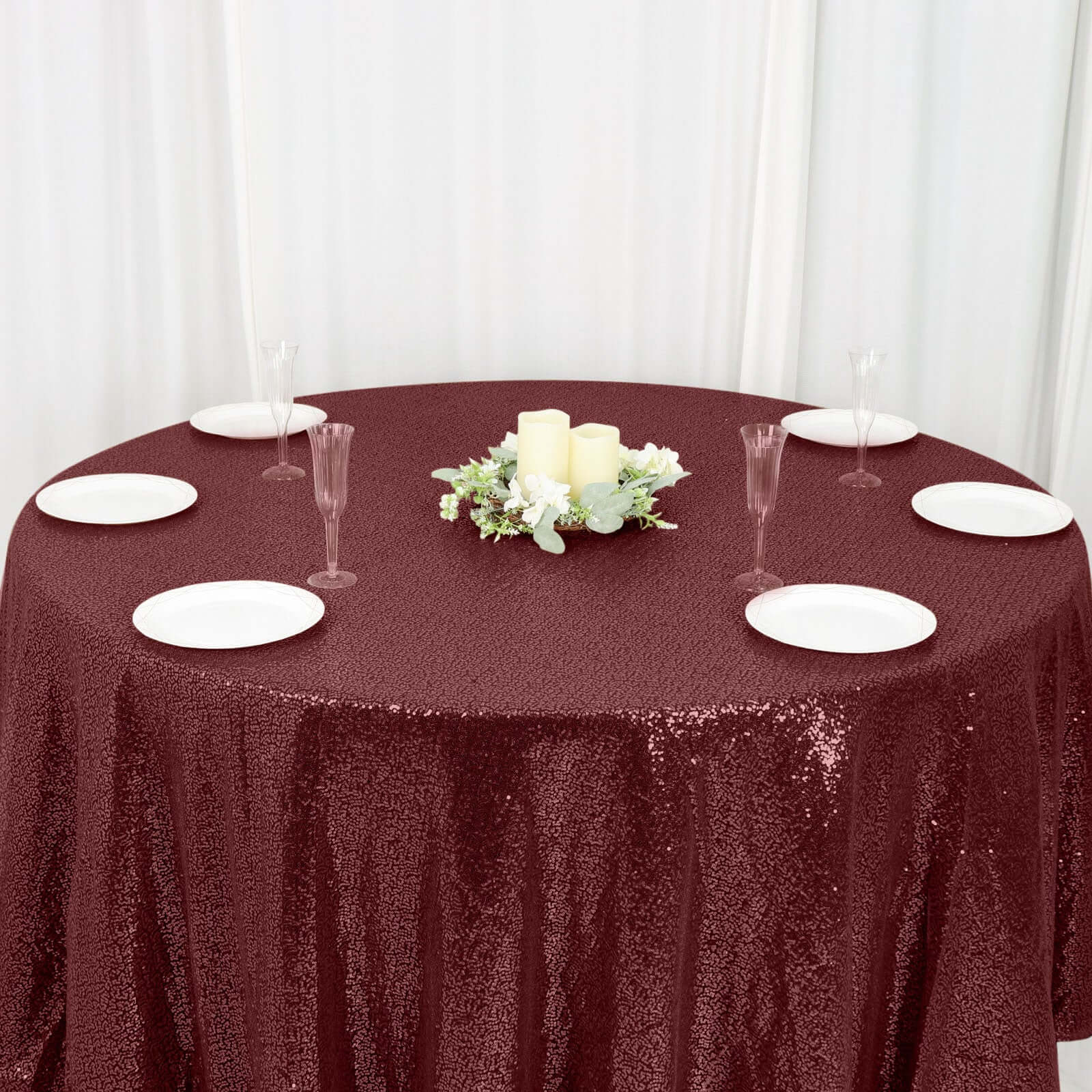 Sequin 120" Round Tablecloth Burgundy - Seamless Glittering Table Cover