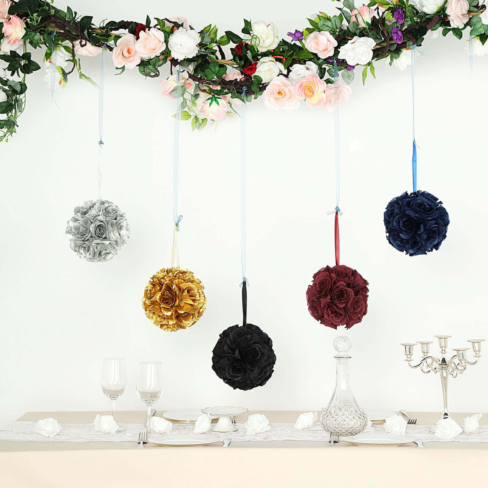 2 Pack 7" Burgundy Artificial Silk Rose Kissing Ball, Flower Ball
