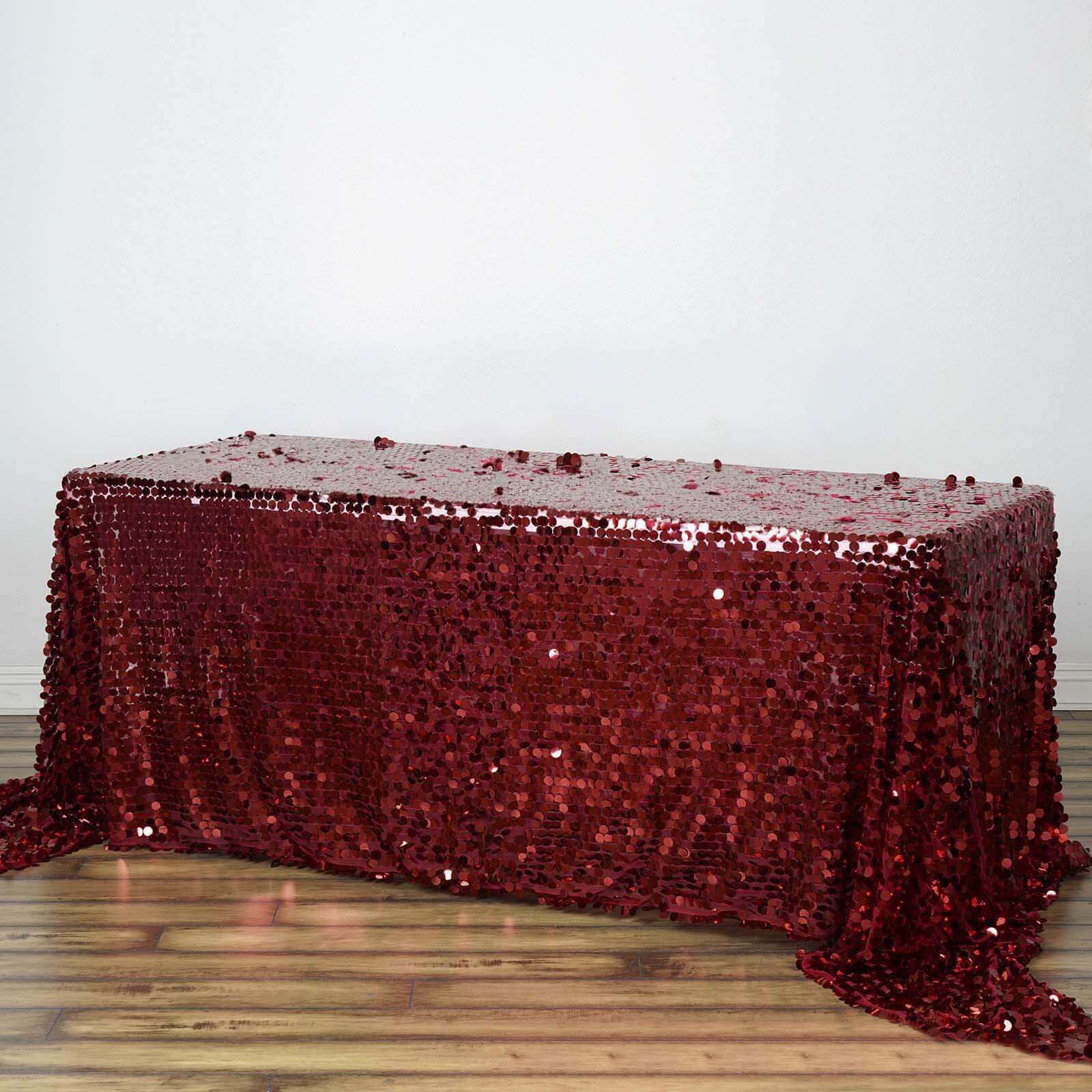 Sequin 90"x132" Rectangle Tablecloth Burgundy - Seamless Big Payette Design for Sophisticated Occasions