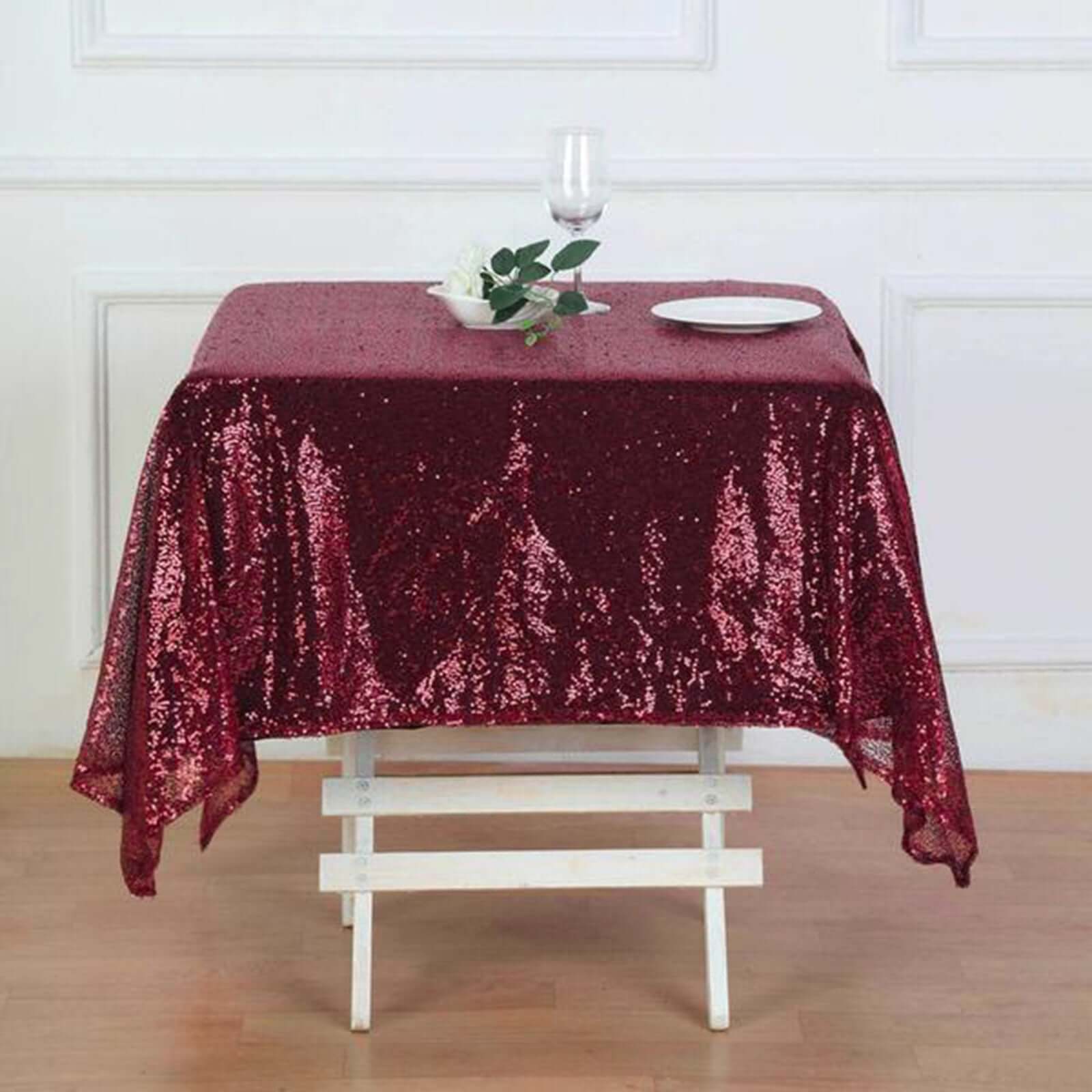 Sequin 60"x60" Table Overlay Square Tablecloth Burgundy - Luxe Wedding Table Topper