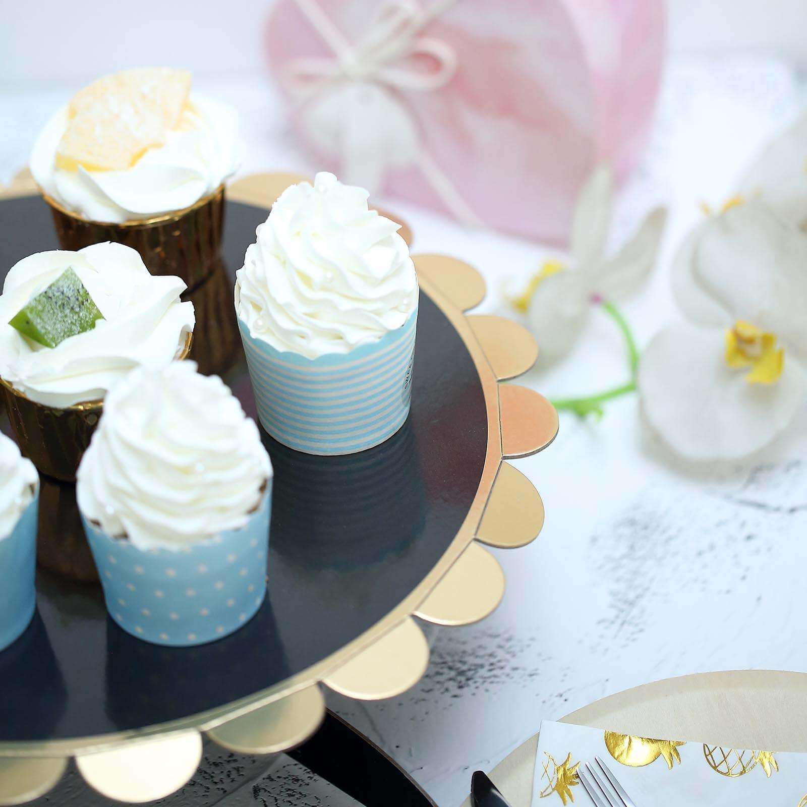 1-Tier Cardboard Cake Stand Black - Stylish Reusable Cupcake Dessert Holder with Gold Scalloped Rim for Baby Showers Birthdays & Events 13"