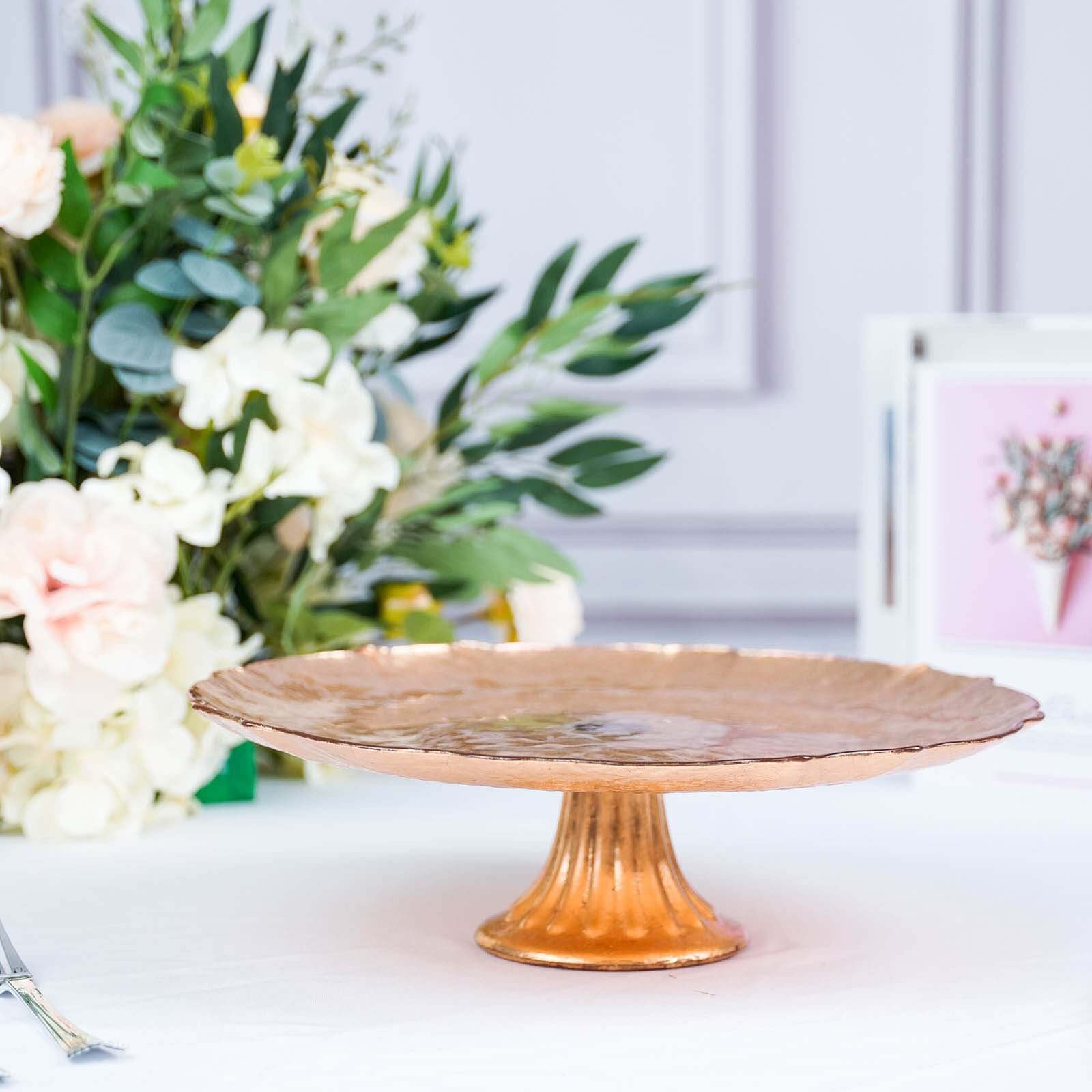 Glass Pedestal Cake Stand Scalloped Edge Design Rose Gold - Cupcake Holder and Dessert Display Plate 14"
