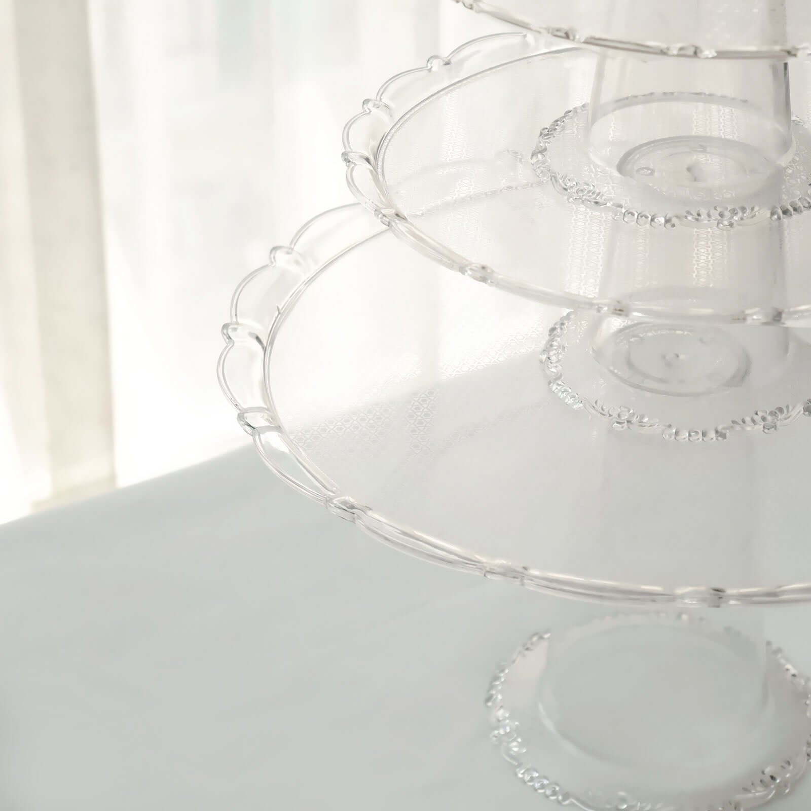 Set of 3 Plastic Round Pedestal Cake Stands Clear - Stackable Cupcake Display Holders with Scalloped Edges for Tea Parties Dessert Buffets & Banquets 9", 11", 15"