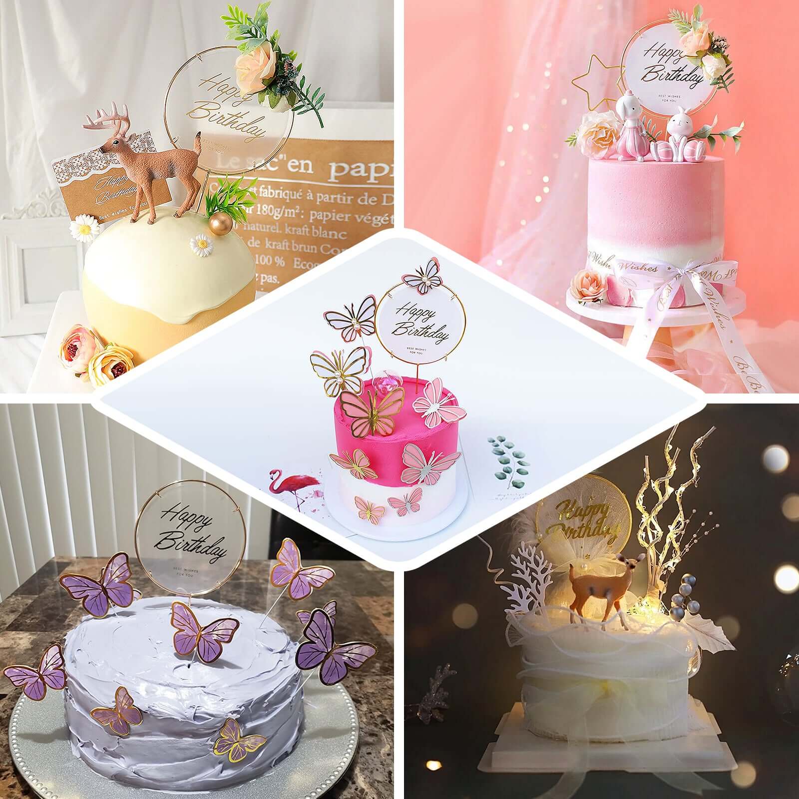 3 Pcs Happy Birthday Cake Toppers with Gold Metal Frames & Clear Acrylic Panels - Charming Reusable Cake Decorations with Stylish Silk Flower Accents
