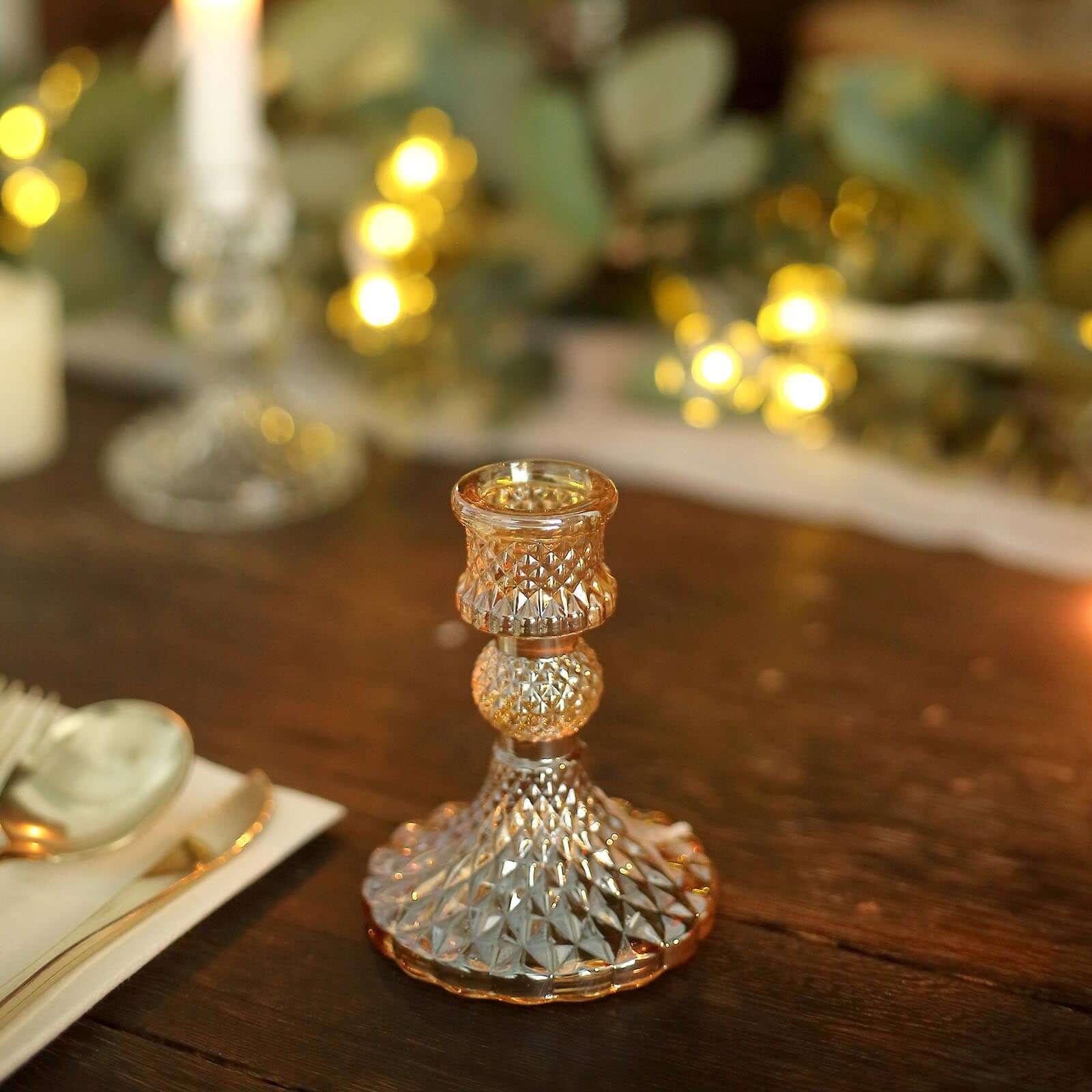 6-Pack Glass Taper Candlestick Holders Diamond Pattern Design Amber Gold - Reversible Crystal Pillar Votive Stands 4"