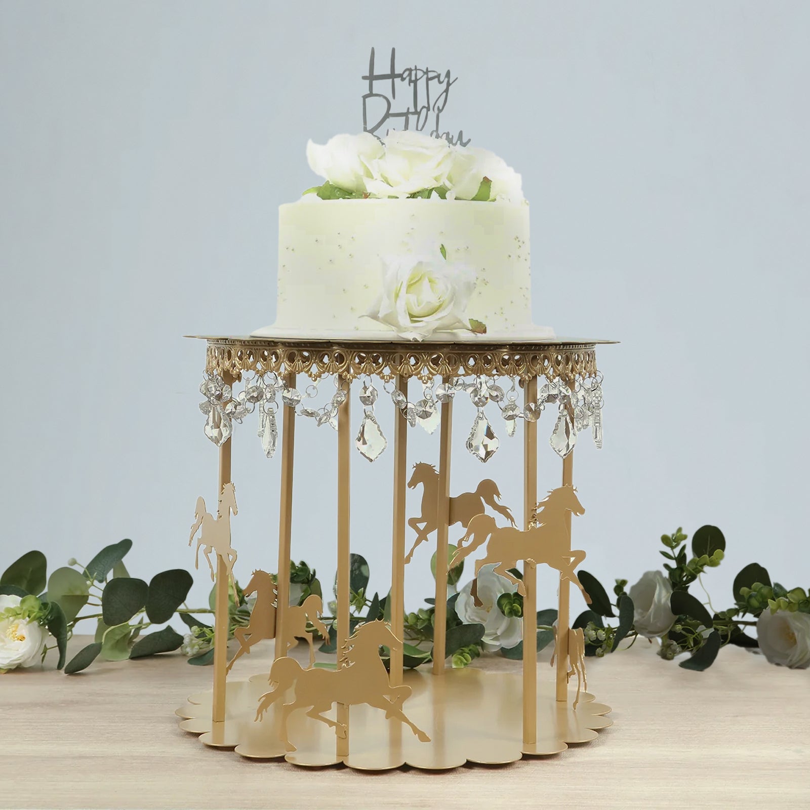 Metal Round Pedestal Cake Stand Gold Carousel Design with Hanging Acrylic Beads - Luxurious Dessert Display Centerpiece Holder for Cupcakes & Pastries 14"