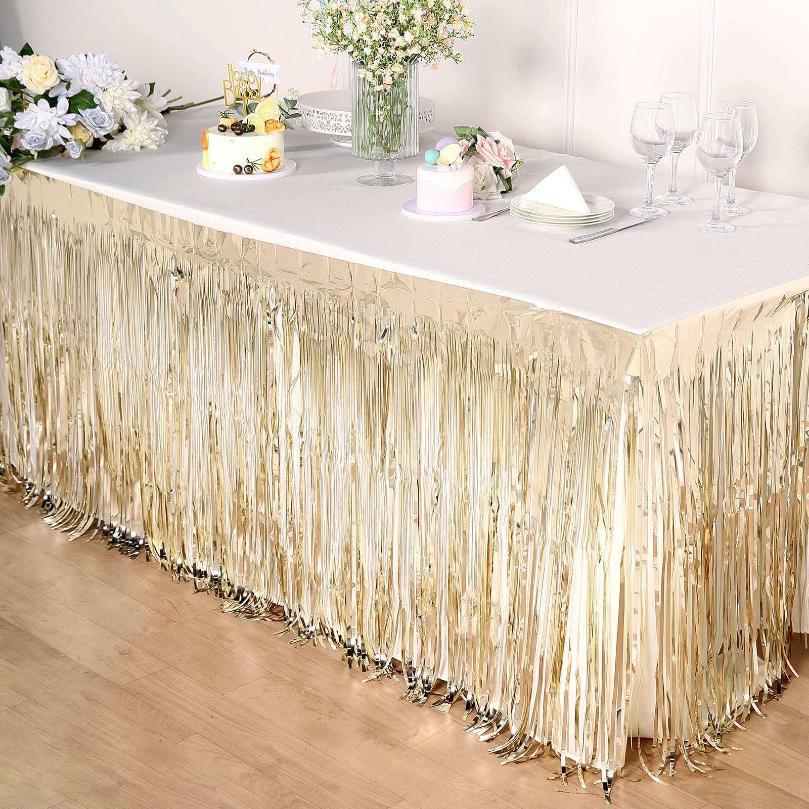 Metallic Foil Fringe Table Skirt Champagne with Self Adhesive Backing - Durable Tinsel Skirt for Parties 30"x9ft
