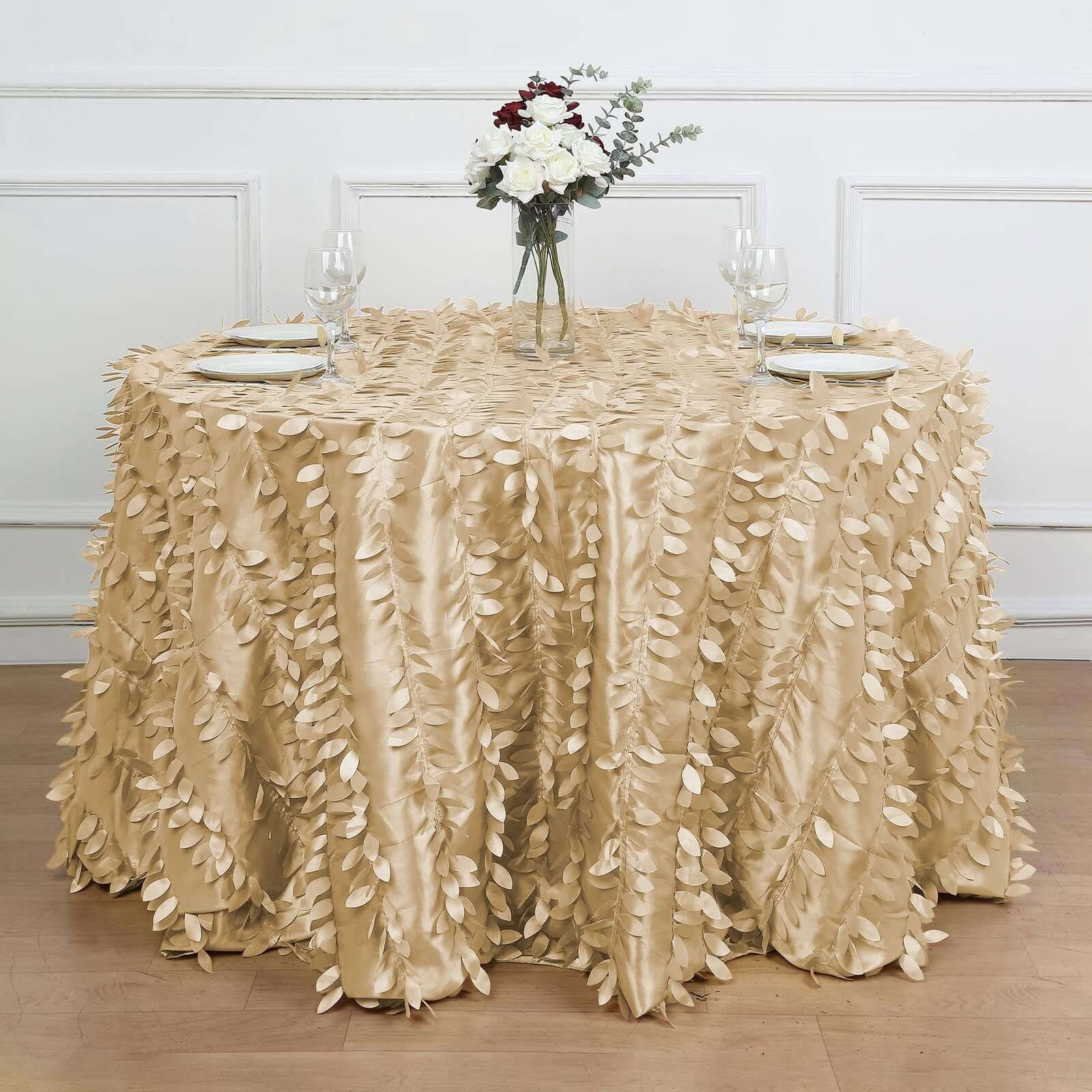 Taffeta 120" Round Tablecloth Champagne 3D | 3D Leaf Petal Design Seamless Table Cover