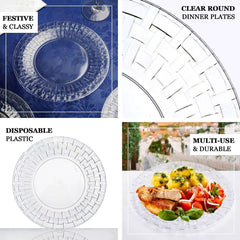 10-Pack Plastic Dinner Plates Clear Basketweave Rim - Durable Disposable Dinner Plates 10"