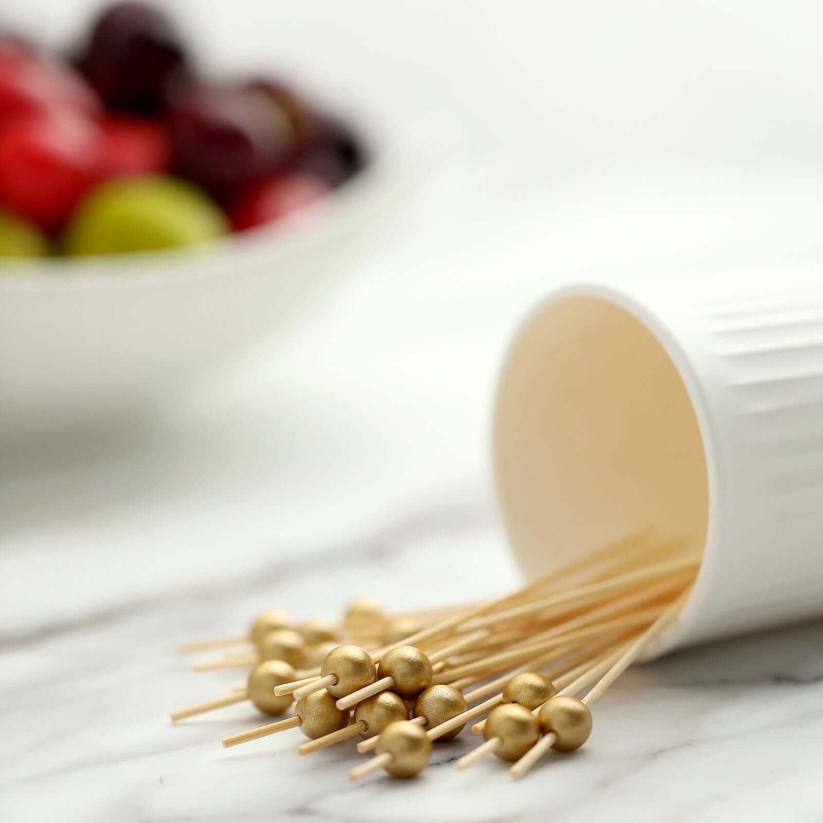 100-Pack Bamboo Cocktail Picks Gold Pearl Decorative Top Design - Eco Friendly Stir Sticks 4.5"