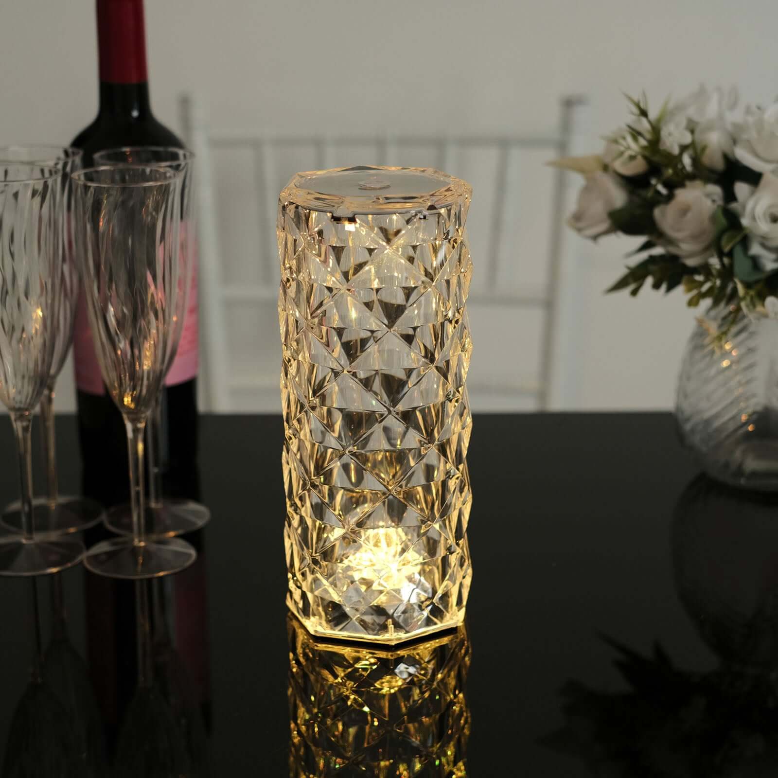 Acrylic LED Pillar Lamp Rose Diamond Design Color Changing - Touch + Remote Operated Table Light 3.5"x8.5"