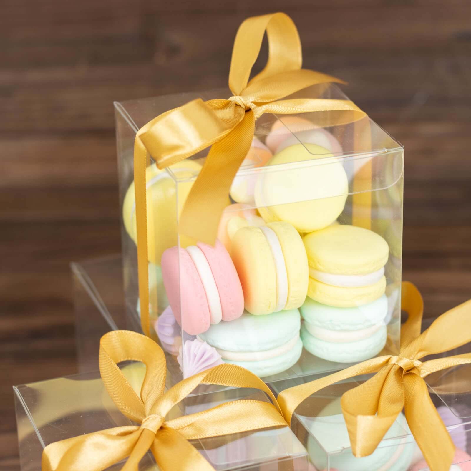 12 Pack 3.5" Clear Metallic Gold Disposable Cupcake Boxes With Ribbon Tie, Plastic Wedding Favor Boxes