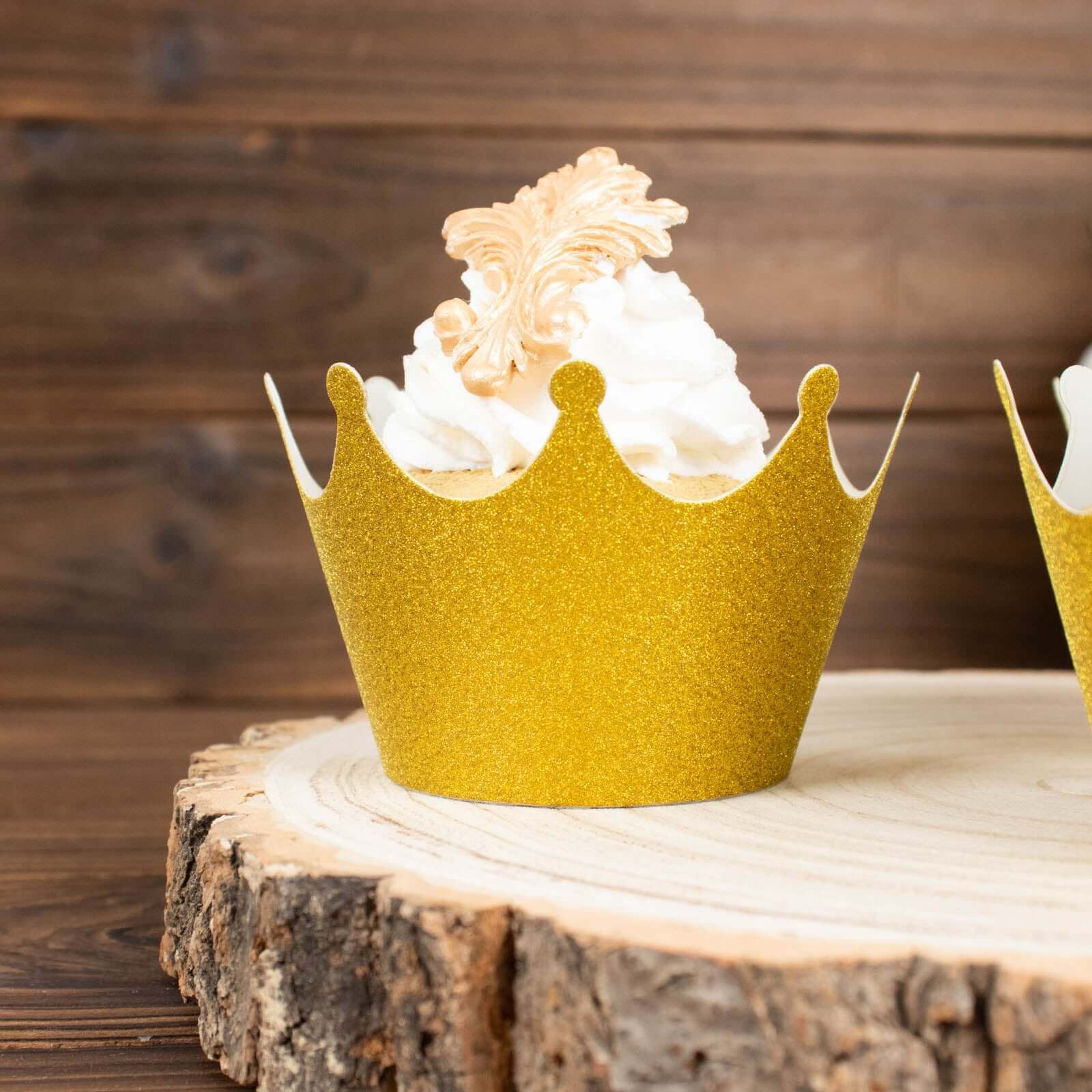 25-Pack Paper Cupcake Wrappers Glitter Crown Design Gold - Dust Free Muffin Paper Cup Liners
