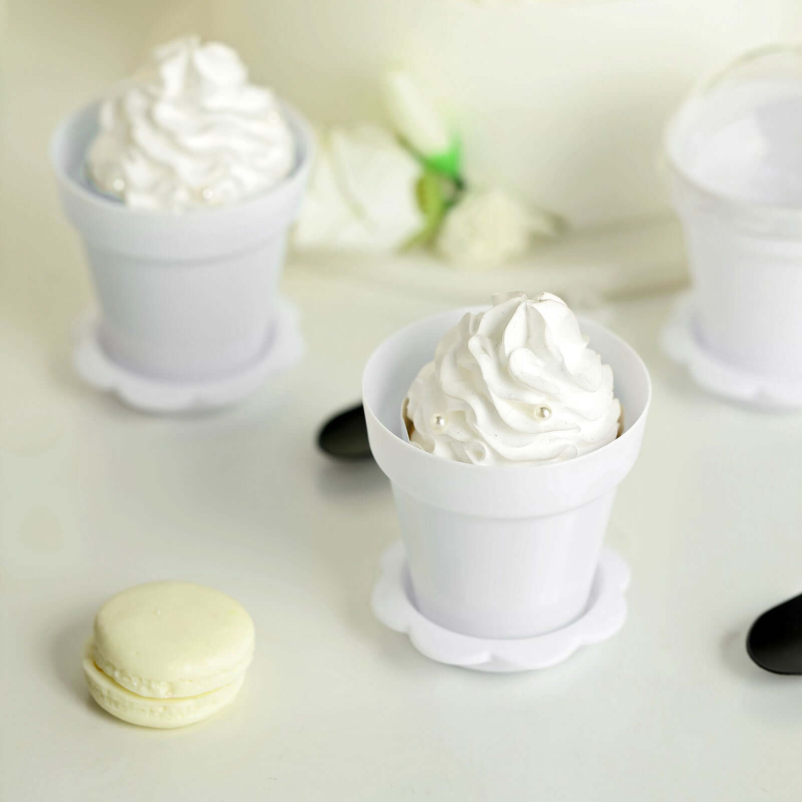 12-Pack Dessert Cups Succulent Planter Design White - Plastic Serving Cups with Lids and Shovels 4"
