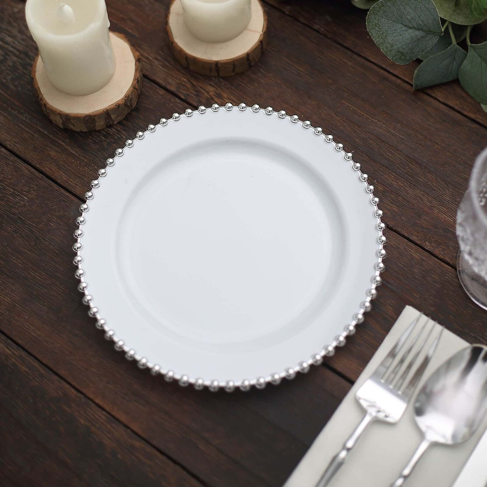 10-Pack White Plastic Dessert Plates – 8" Round with Silver Beaded Rim, Disposable for Parties & Events