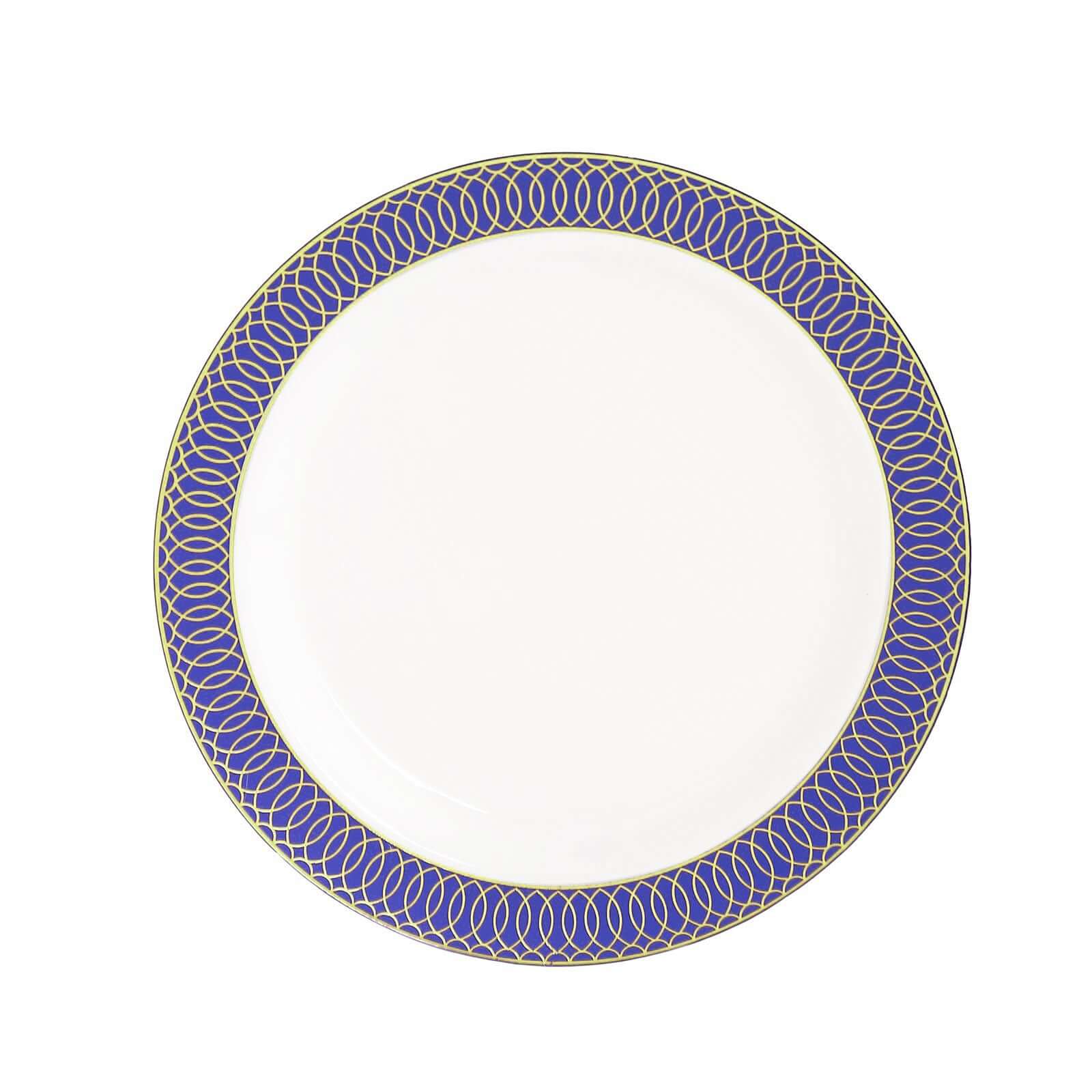 10-Pack Plastic Round Dinner Plates 10" White with Navy Blue Gold Spiral Rim - Chic Disposable Party Plates