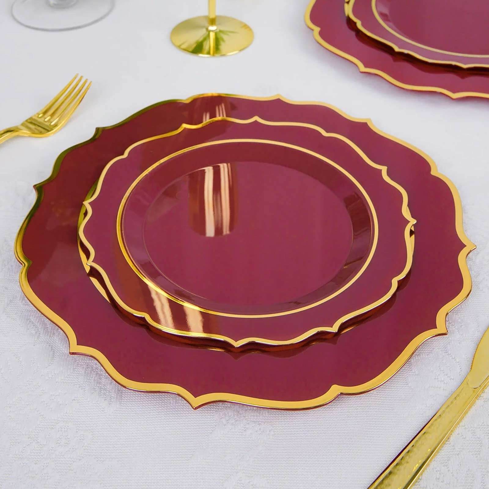 10-Pack Plastic 8" Round Desert Plates in Burgundy with Gold Scalloped Rim - Disposable Appetizer/Salad Plates