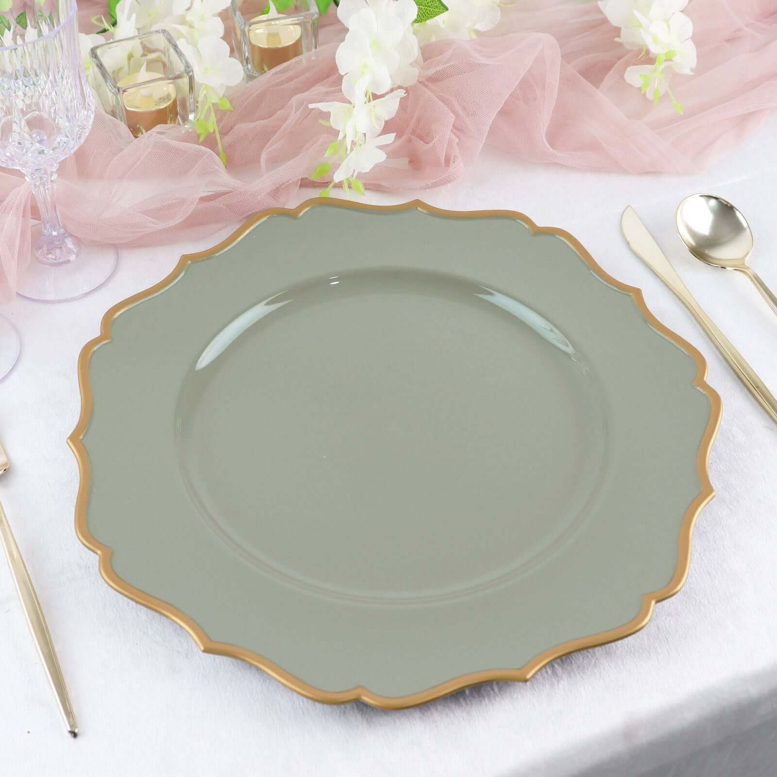 6-Pack Acrylic Round Charger Plates 13" in Dusty Sage Green with Gold Scalloped Rim, Decorative Dinner Party Plastic Charger Tableware