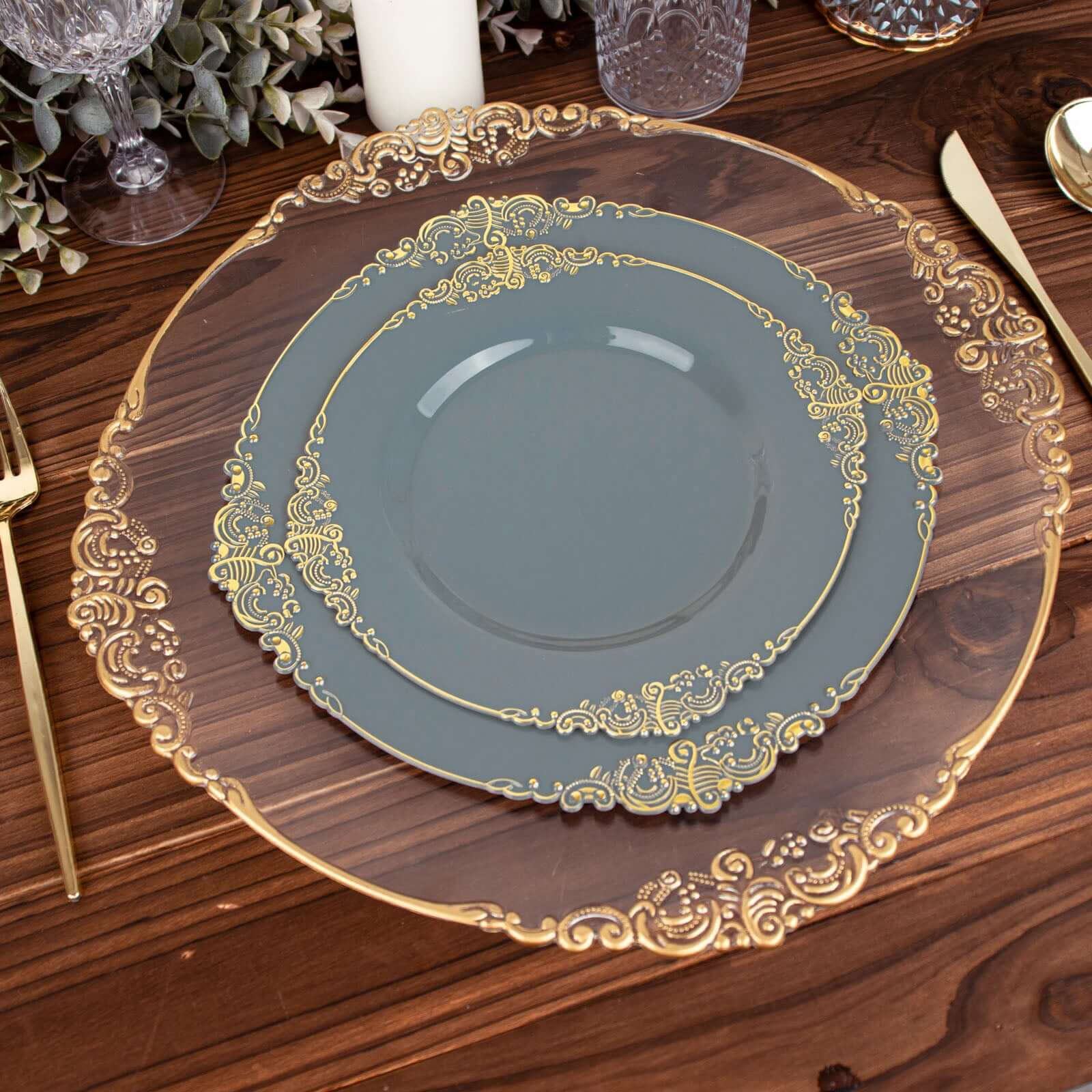10-Pack Plastic 8" Round Dessert Plates in Dusty Blue with Gold Leaf Embossed Rim - Disposable Vintage Baroque Style Salad Plates