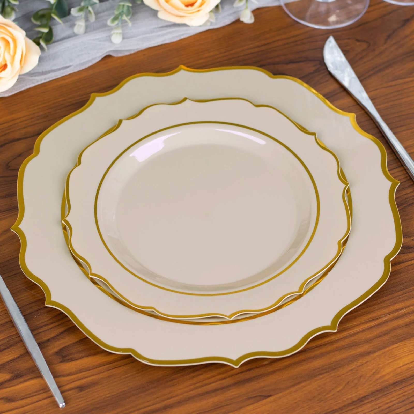 10-Pack Plastic 8" Round Desert Plates in Taupe with Gold Scalloped Rim - Disposable Appetizer/Salad Plates