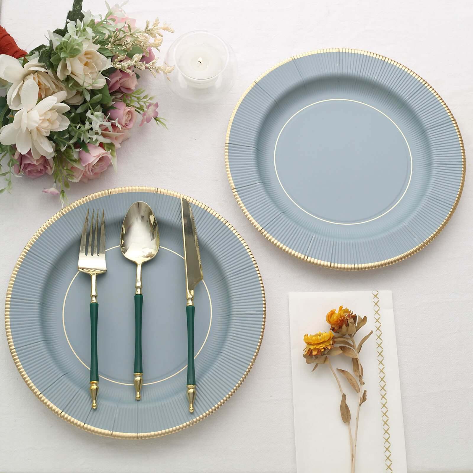 25-Pack Paper 10" Round Dinner Plates in Dusty Blue Sunray Design with Gold Rim - Disposable Heavy Duty 350GSM Party Plates