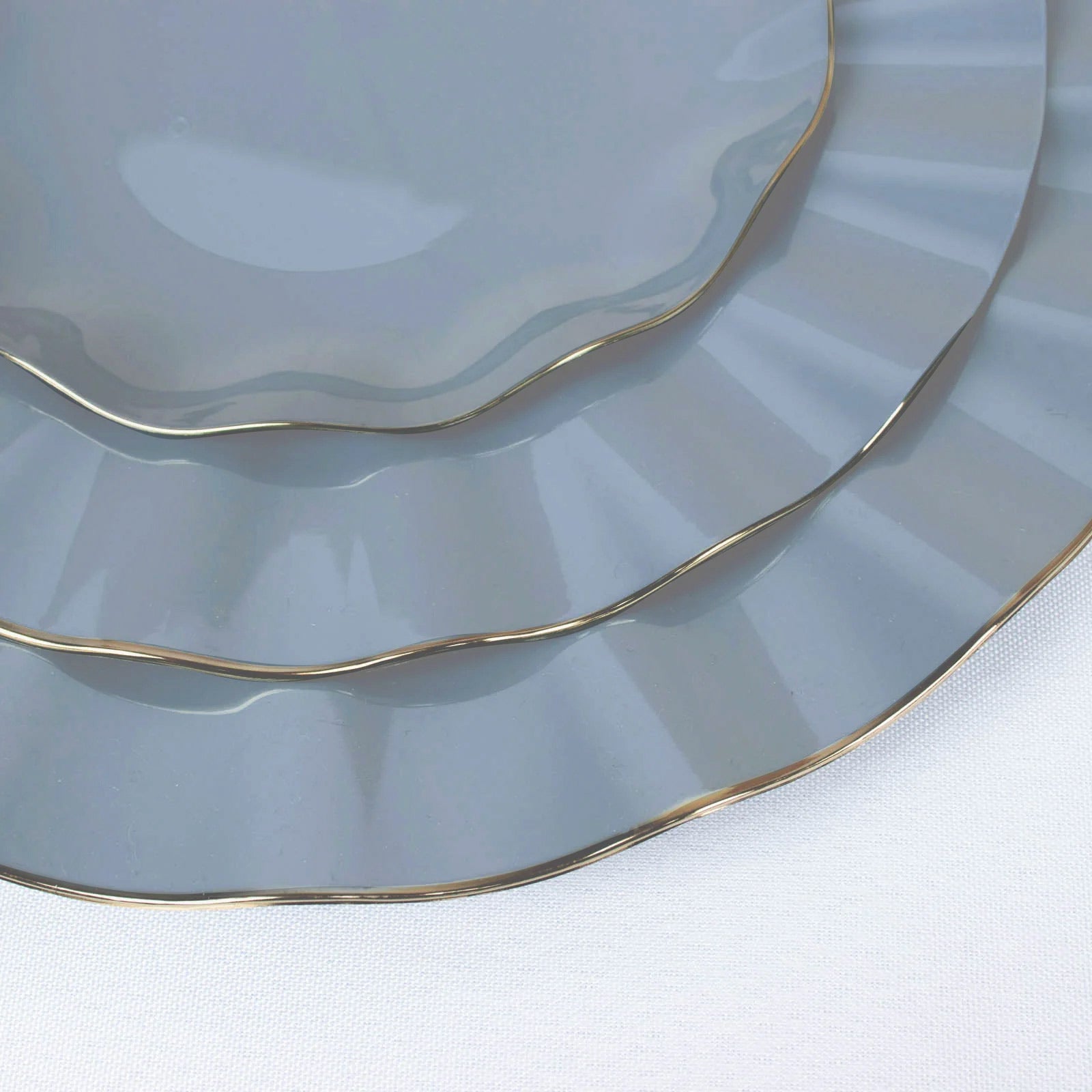 10-Pack Plastic 9" Round Dinner Plates in Dusty Blue Ruffled Rim with Gold Edging - Sturdy Disposable Dinnerware