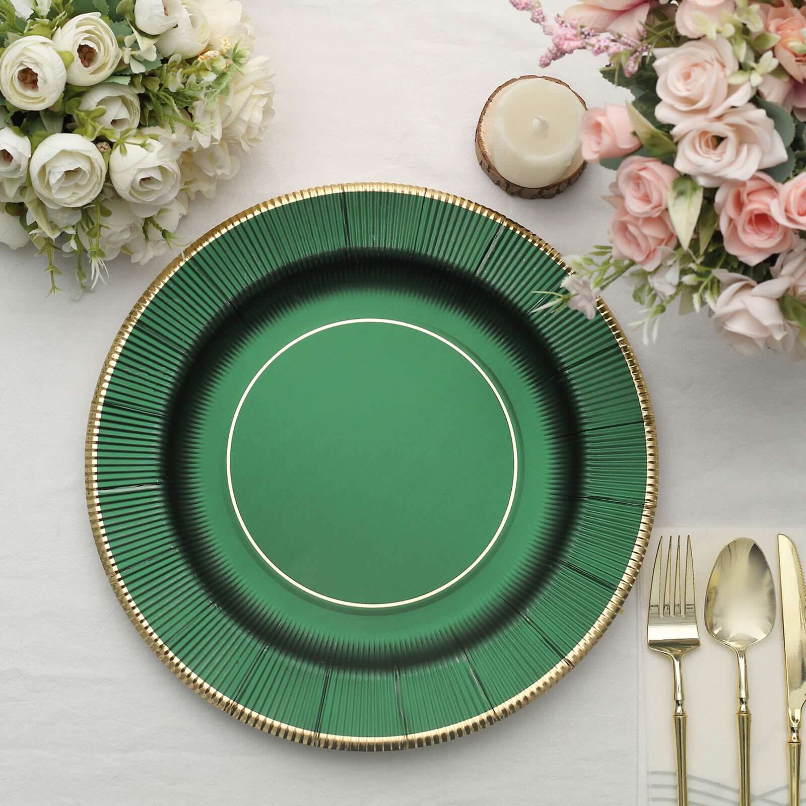 25-Pack Disposable Round Charger Plates in Hunter Emerald Green Sunray Design with Gold Rim - 350GSM Heavy Duty Paper Chargers 13"