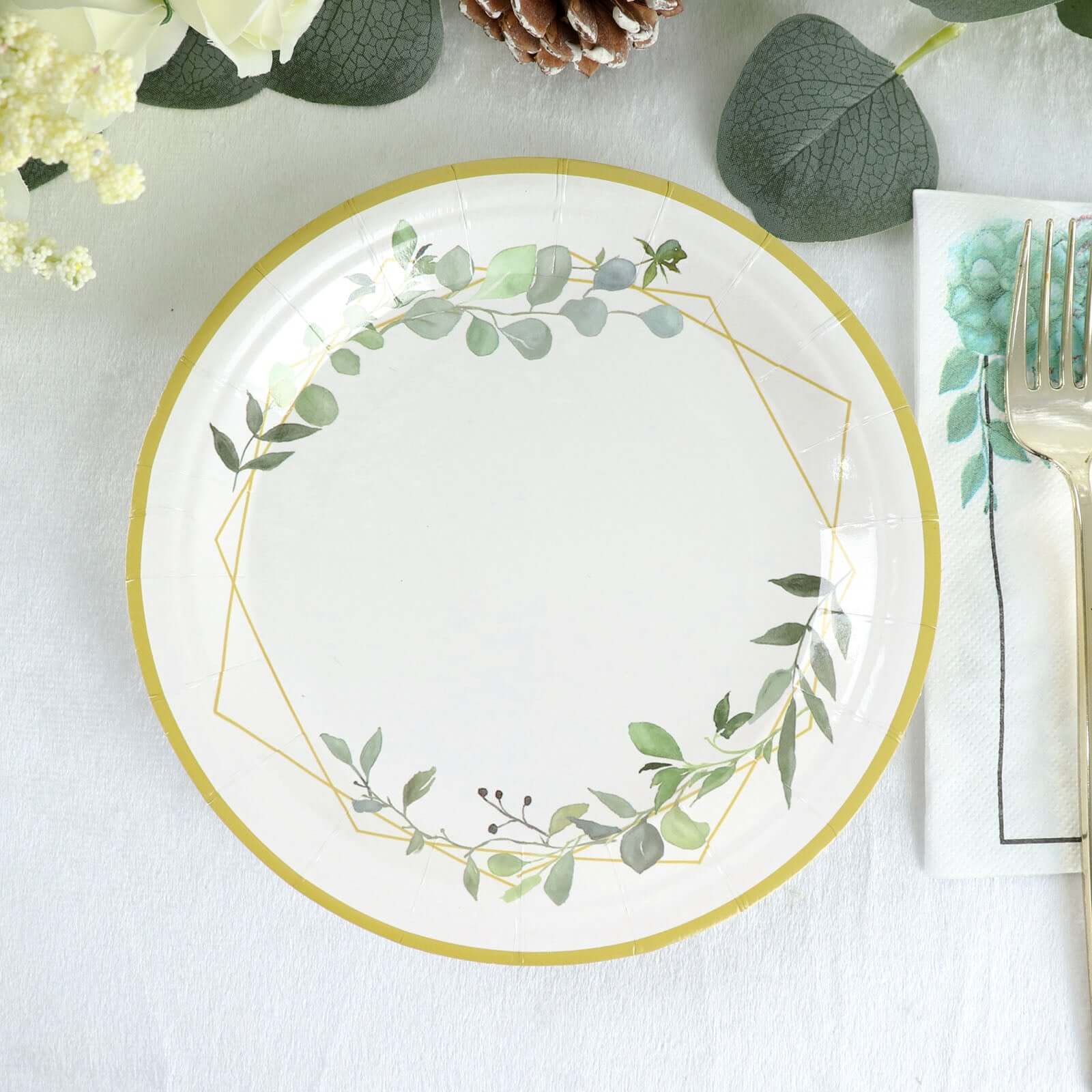 24-Pack Paper 7" Round Dessert Plates in White with Eucalyptus Leaves & Gold Rim - Disposable 300GSM Salad Plates for Garden Weddings & Celebrations