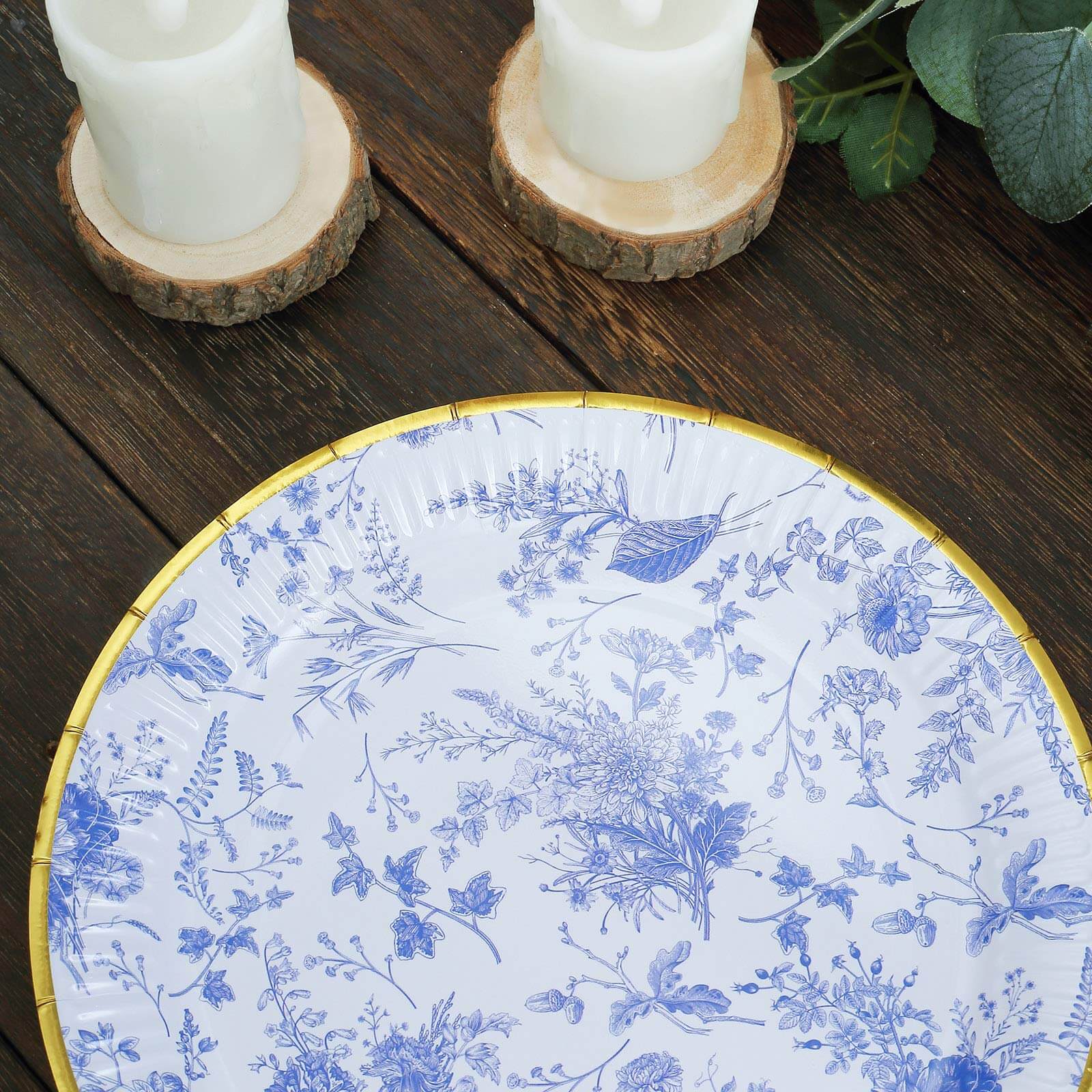 25-Pack Paper 9" Round Dinner Plates in White with Light Blue French Toile Pattern & Gold Rim - Disposable Party Plates for Picnics & Chic Brunches